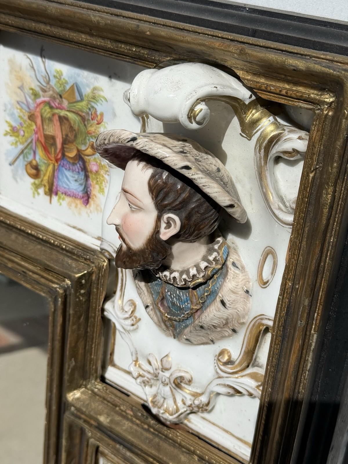 Européen Antique Porcelain Portrait Mirror with Painted Panels & Malachite Inset en vente