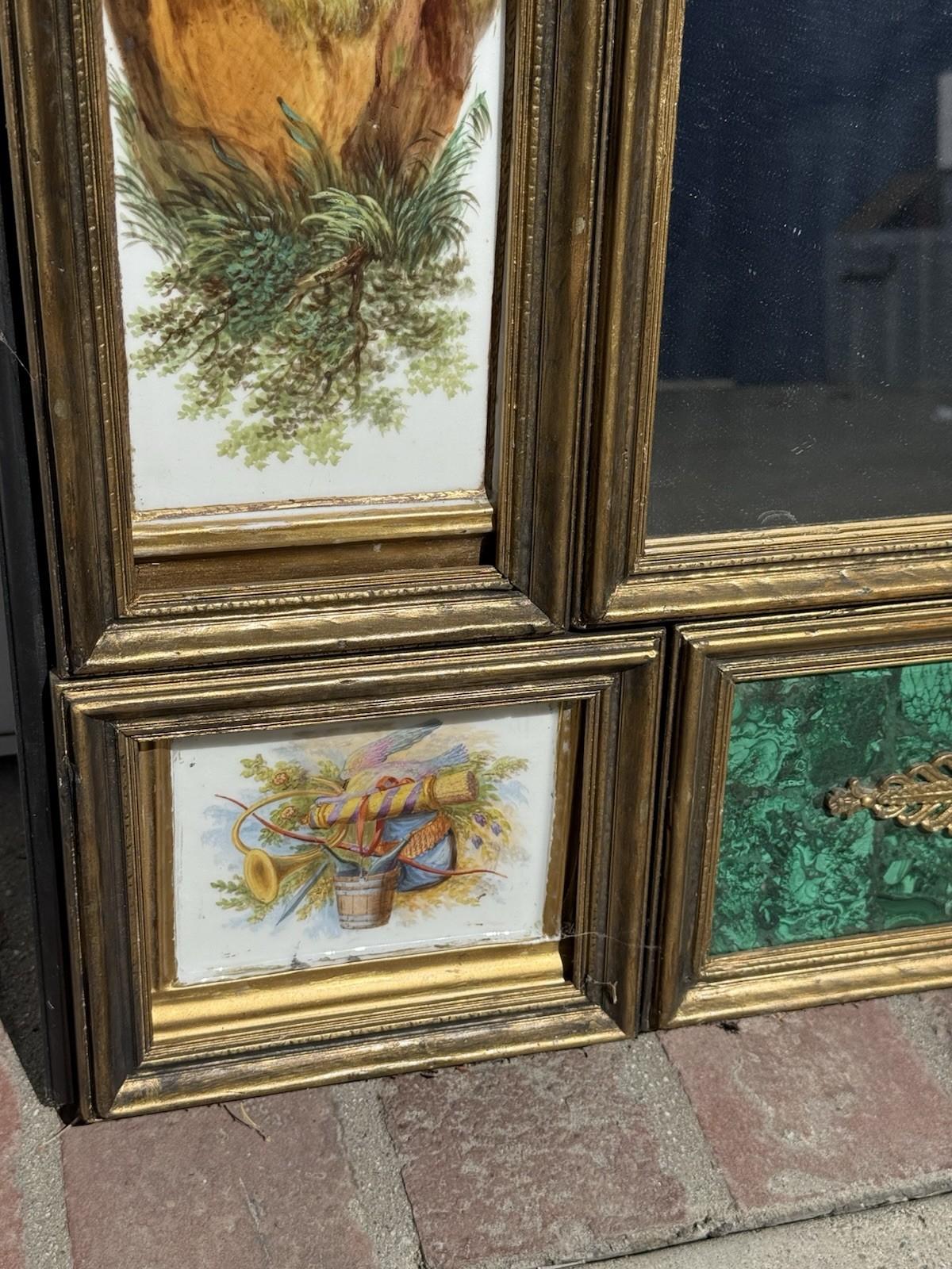 XIXe siècle Antique Porcelain Portrait Mirror with Painted Panels & Malachite Inset en vente