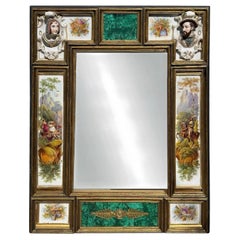 Antique Porcelain Portrait Mirror with Painted Panels & Malachite Inset