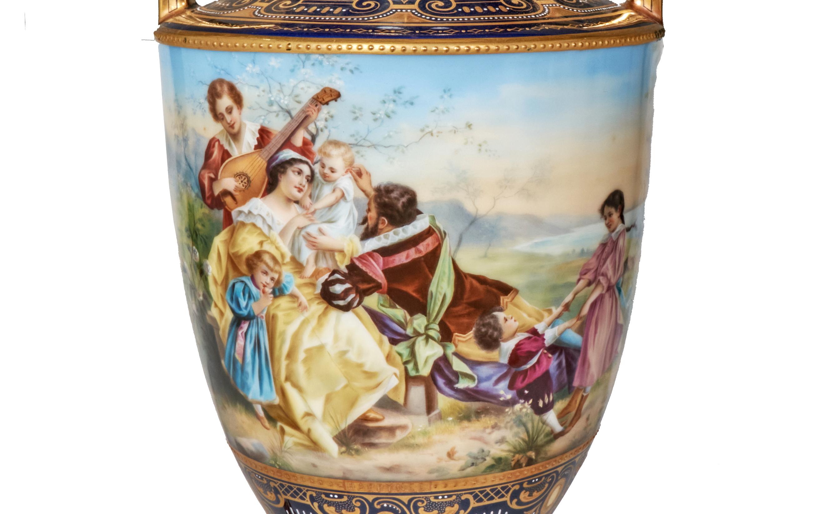 Austrian Antique Porcelain Royal Vienna Hand Painted Cobalt Table Lamp Signed