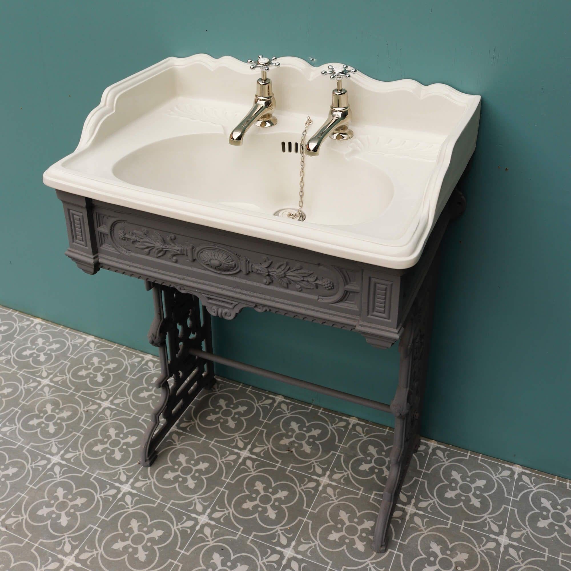 English Antique Porcelain Sink Basin with Cast Iron Stand For Sale