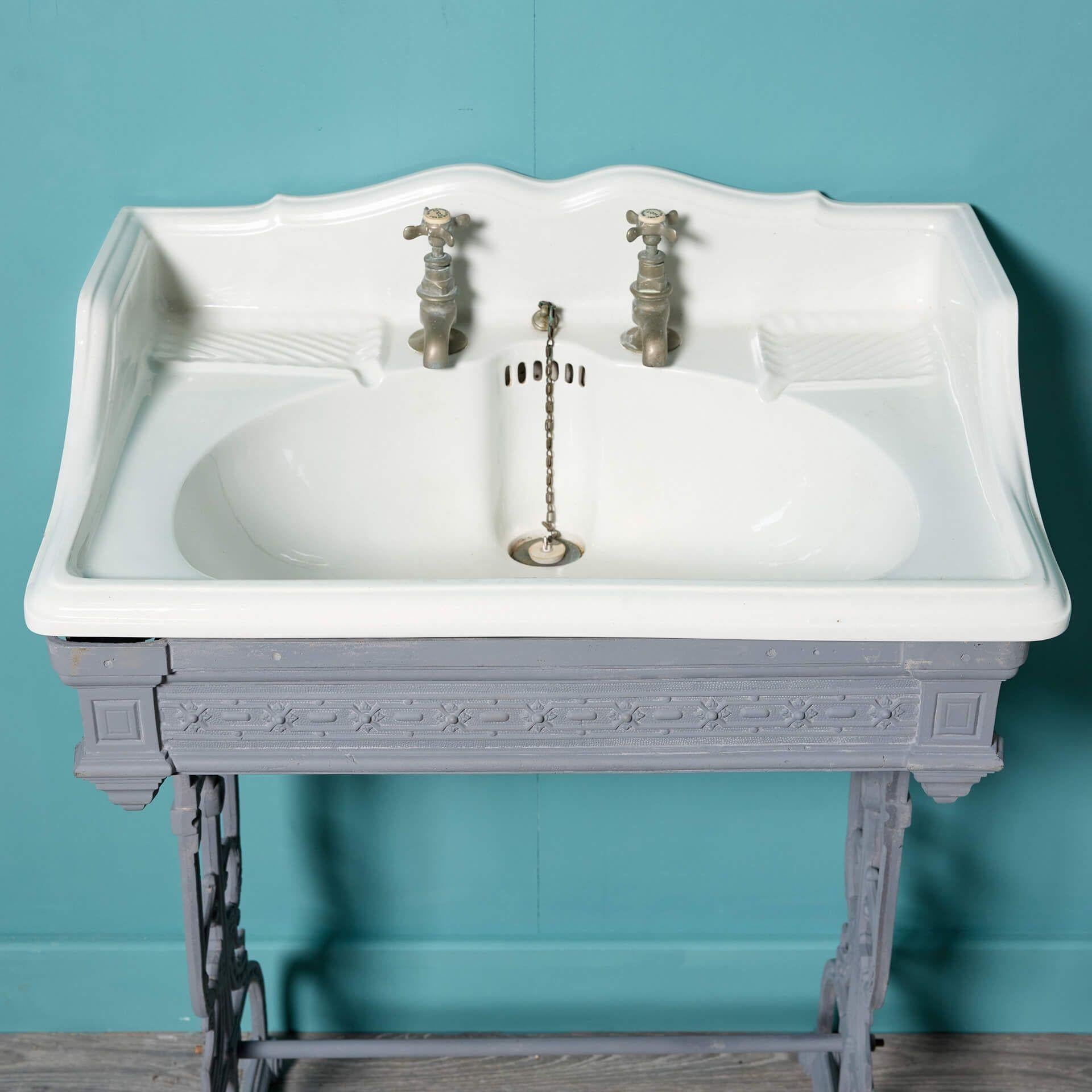 English Antique Porcelain Sink Basin with Cast Iron Stand For Sale