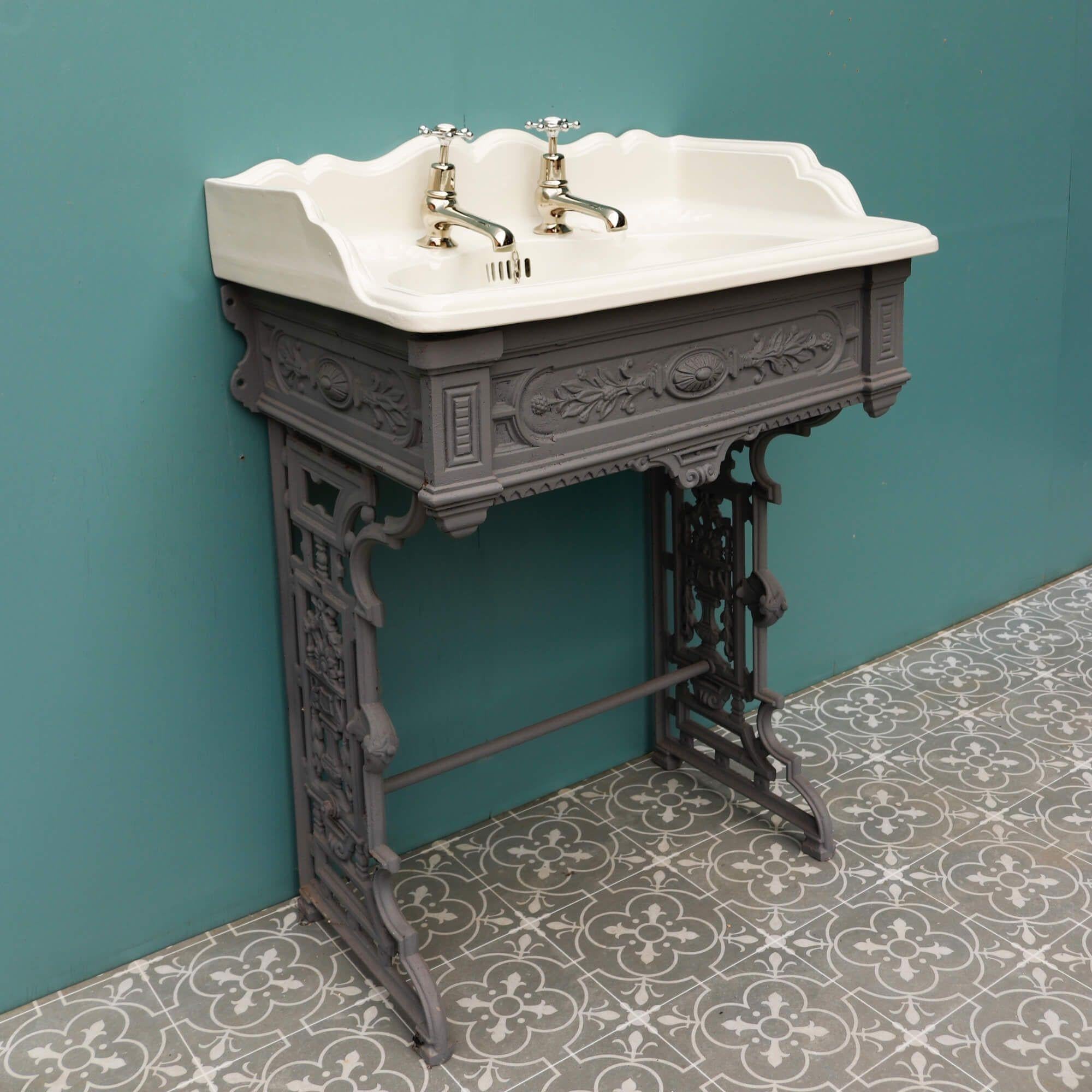 English Antique Porcelain Sink Basin with Cast Iron Stand For Sale