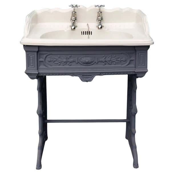 Cast Basin Antique Porcelain Sink Basin with Cast Iron Stand For Sale at 1stDibs