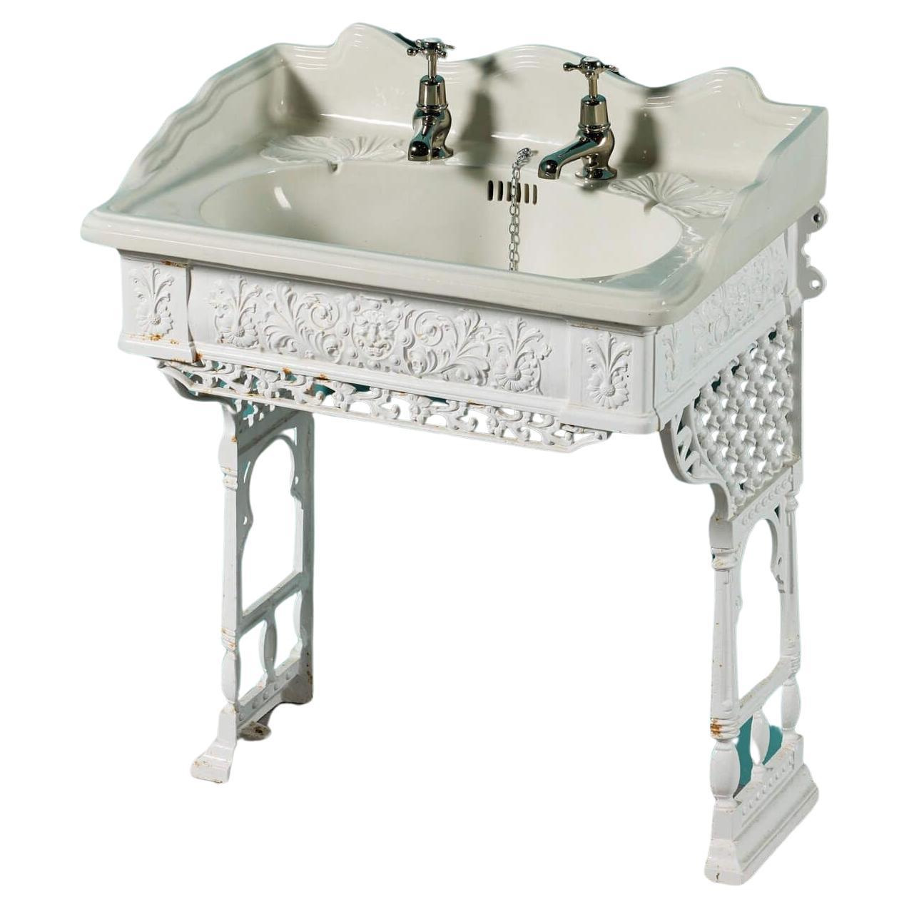 Antique Porcelain Sink on Cast Iron Stand For Sale