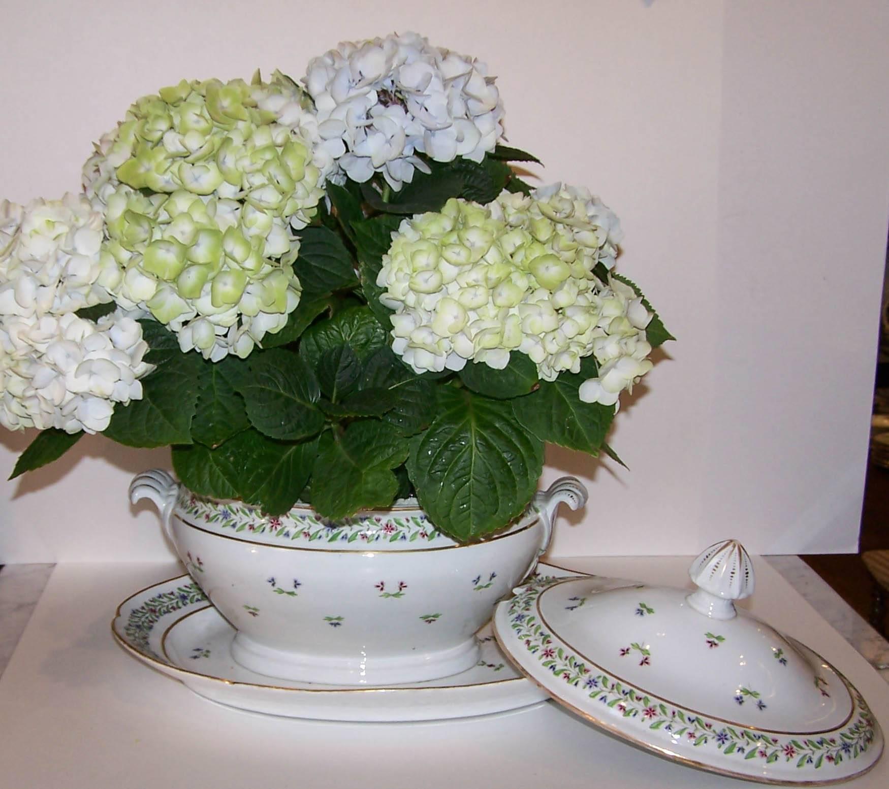 This large 18th century French porcelain soup tureen and stand are decorated with a traditional design of red and blue cornflower sprigs. Queen Marie Antoinette's favorite porcelain pattern was the cornflower sprig, or barbeau pattern. 
The tureen