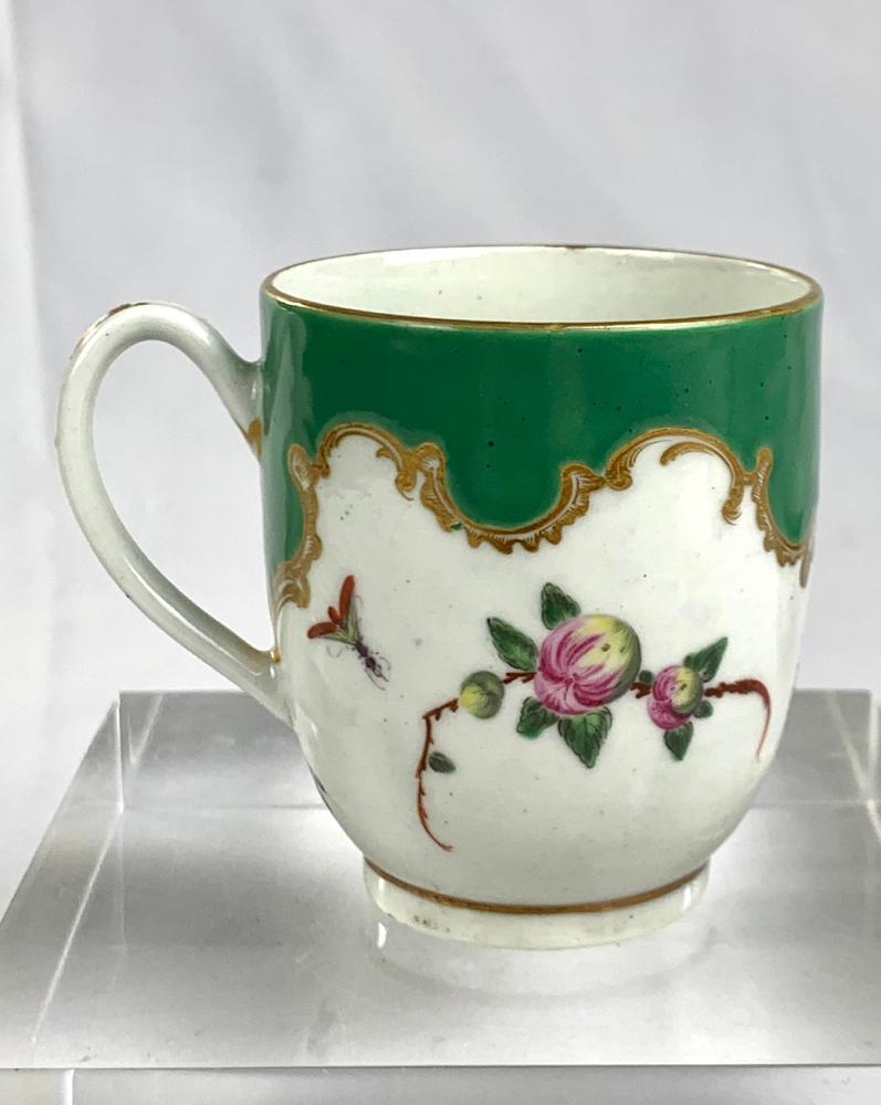 Gilt Antique Porcelain Tea Cup Coffee Cup & Saucer Trio First Period Worcester C-1770