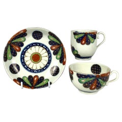 Taza de café y platillo de porcelana antiguos Primer Periodo Worcester Patrón Abanico