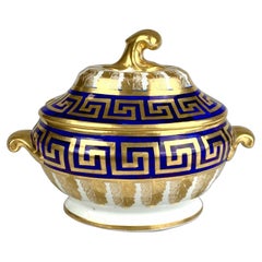 Antique Porcelain Tureen Royal Blue & Gold with Greek Key Design England C-1820