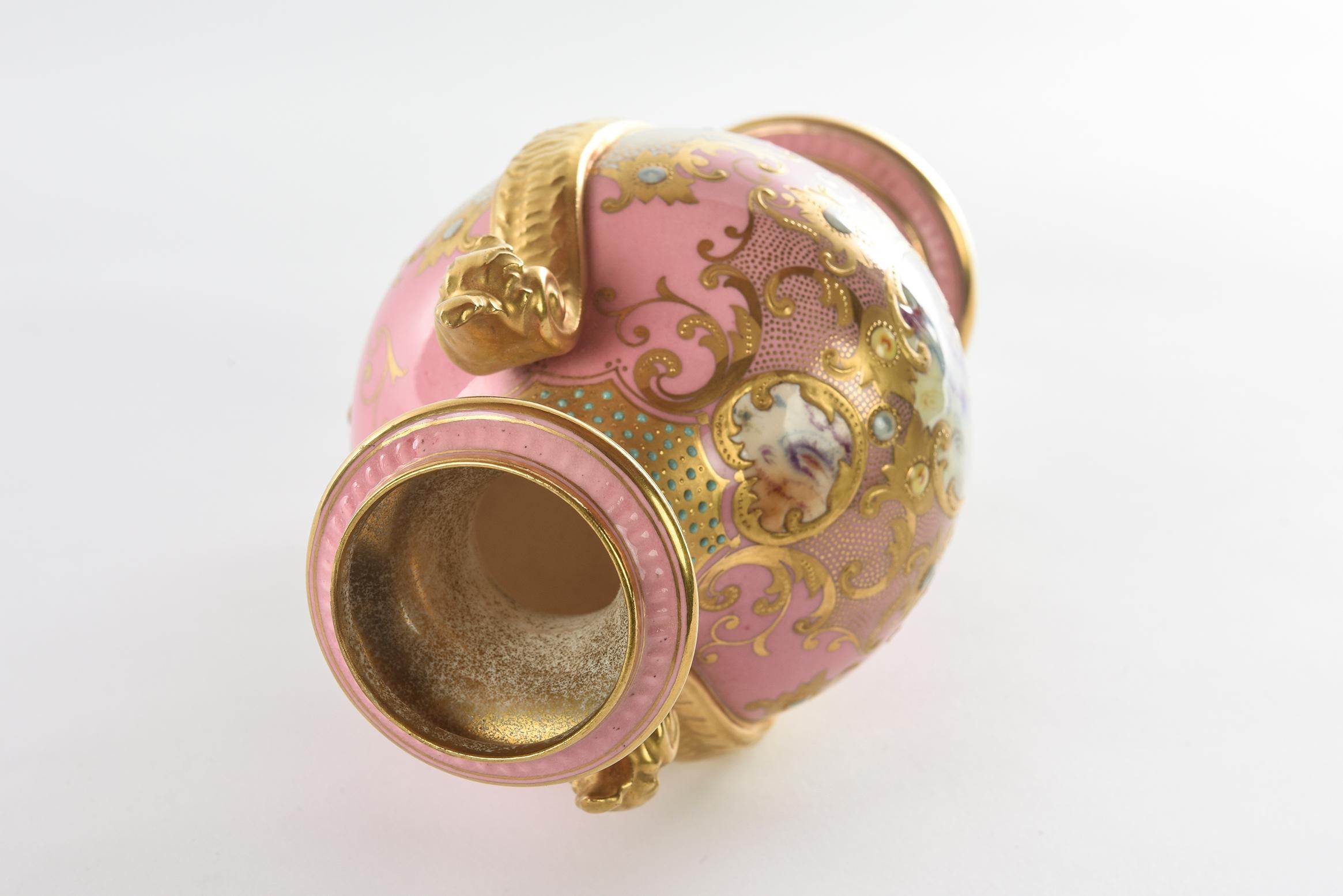 Antique Porcelain Vase Pink Jeweled & Hand Painted, Coalport, England circa 1900 2