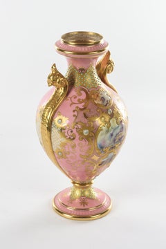 Antique Porcelain Vase Pink Jeweled & Hand Painted, Coalport, England circa 1900