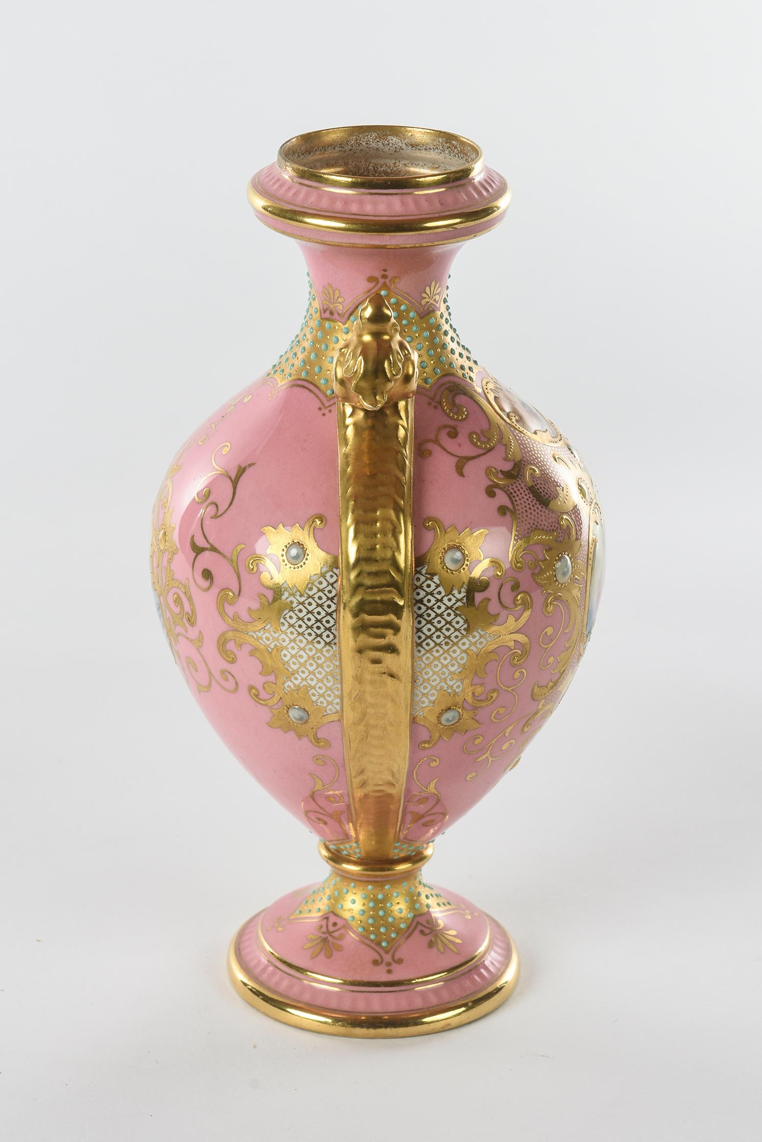 Edwardian Antique Porcelain Vase Pink Jeweled & Hand Painted, Coalport, England circa 1900