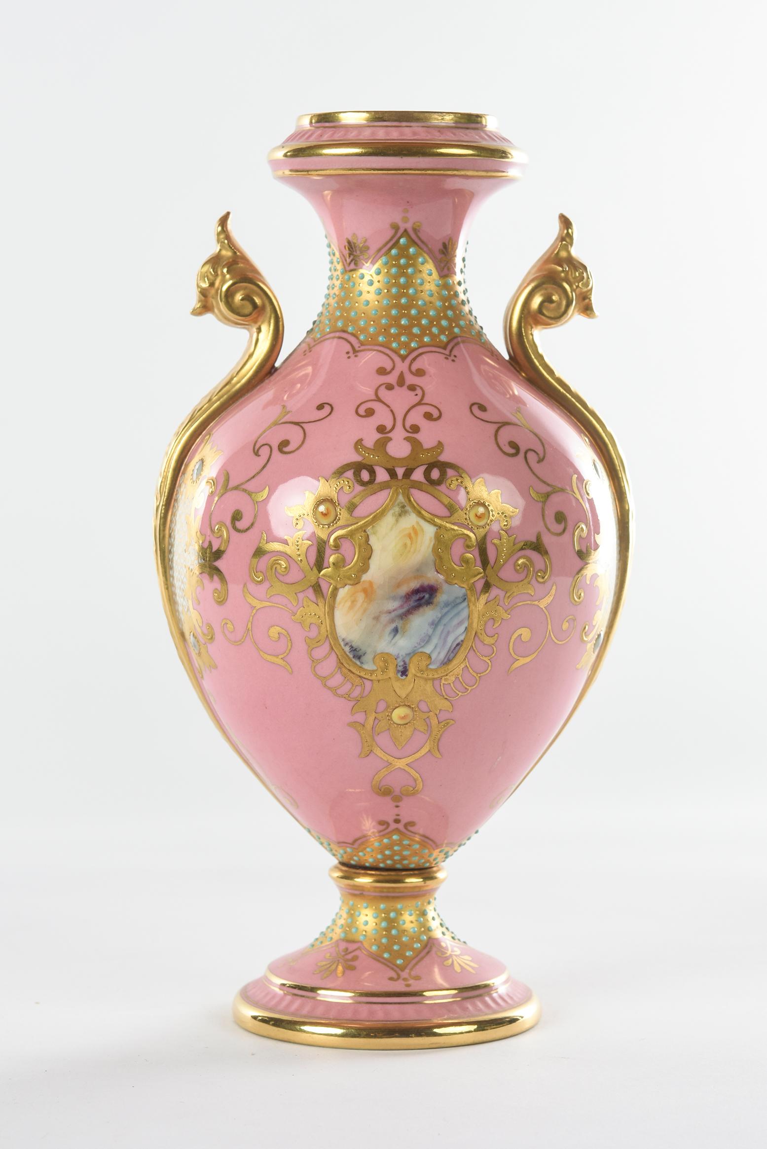 British Antique Porcelain Vase Pink Jeweled & Hand Painted, Coalport, England circa 1900