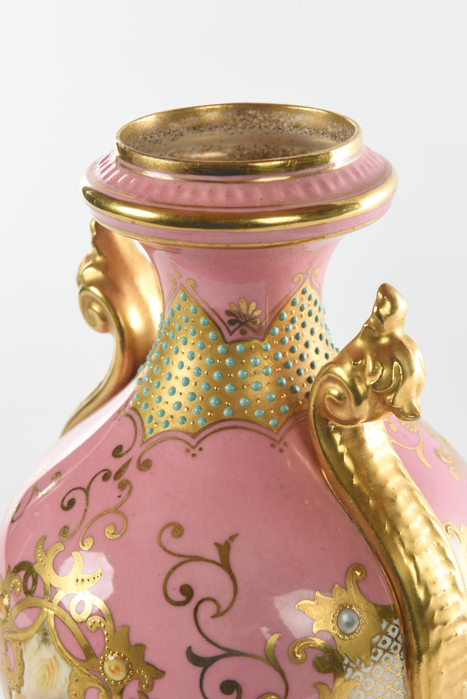 Hand-Crafted Antique Porcelain Vase Pink Jeweled & Hand Painted, Coalport, England circa 1900
