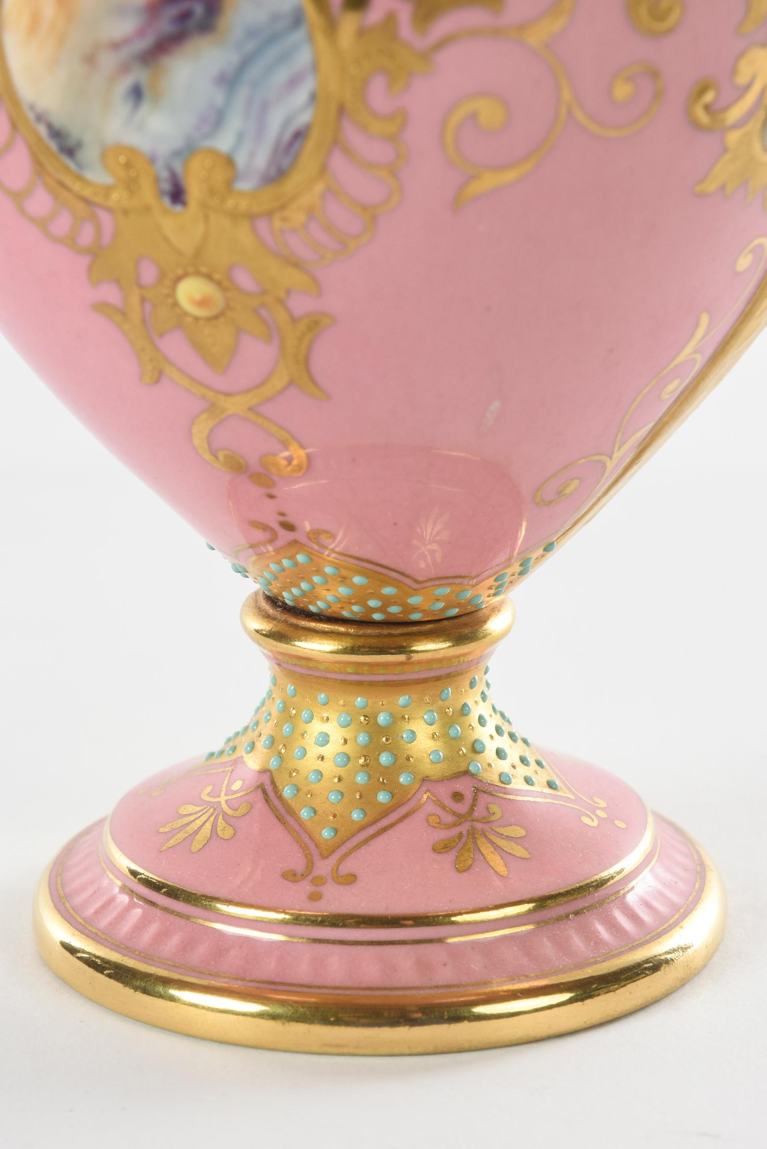 Antique Porcelain Vase Pink Jeweled & Hand Painted, Coalport, England circa 1900 In Good Condition In West Palm Beach, FL