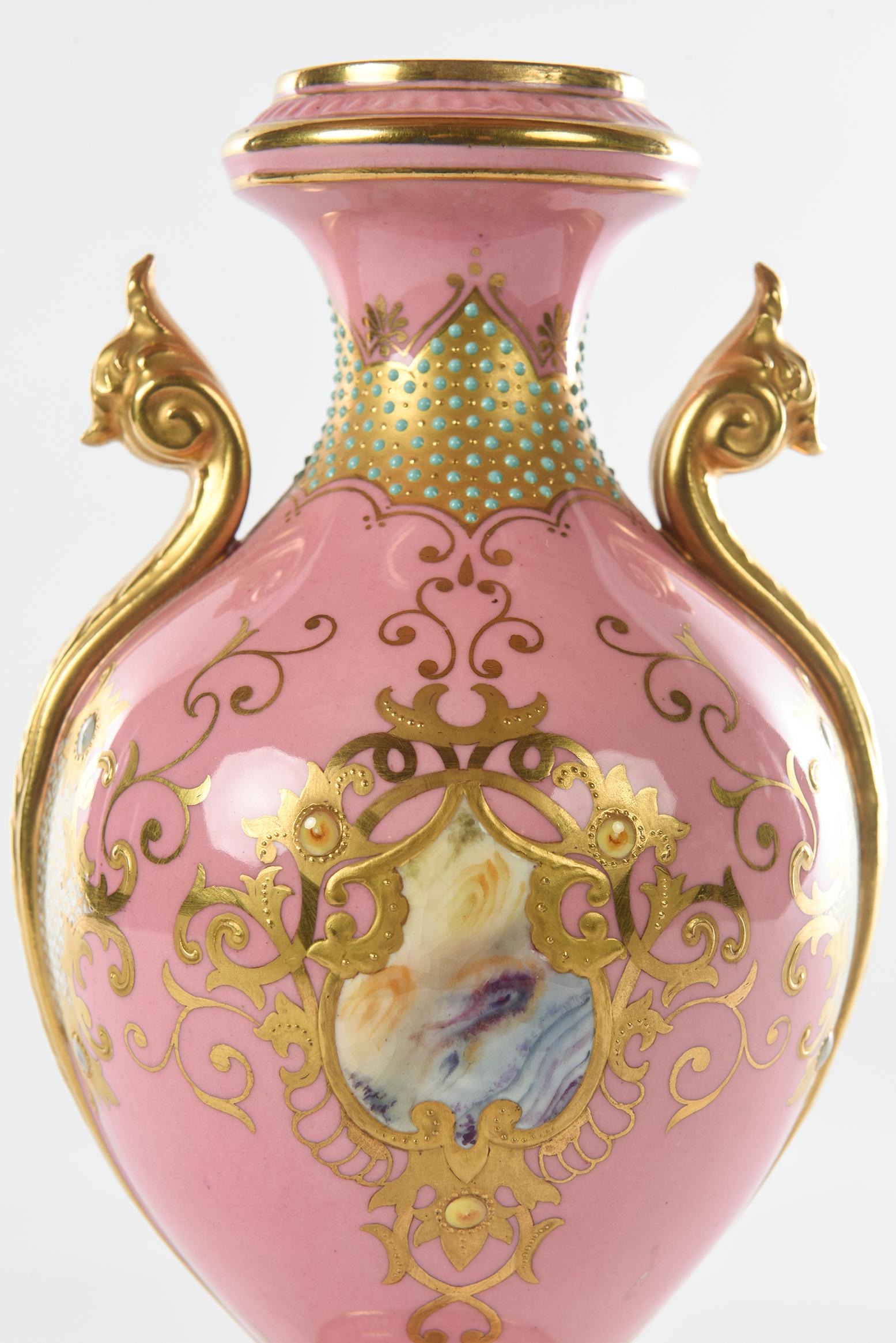 Early 20th Century Antique Porcelain Vase Pink Jeweled & Hand Painted, Coalport, England circa 1900