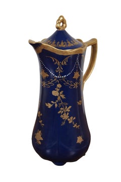 Antique Porcleain Cobalt Blue Gilt Floral Chocolate Pot Teapot Pitcher 11"