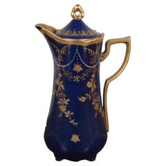 Antique Porcleain Cobalt Blue Gilt Floral Chocolate Pot Teapot Pitcher 11"