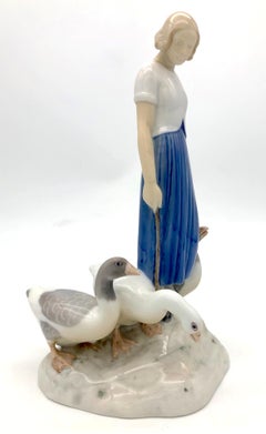 Antique Porcelain Sculpture Maiden Goose Bing&Grøndahl A. Locker Copenhagen