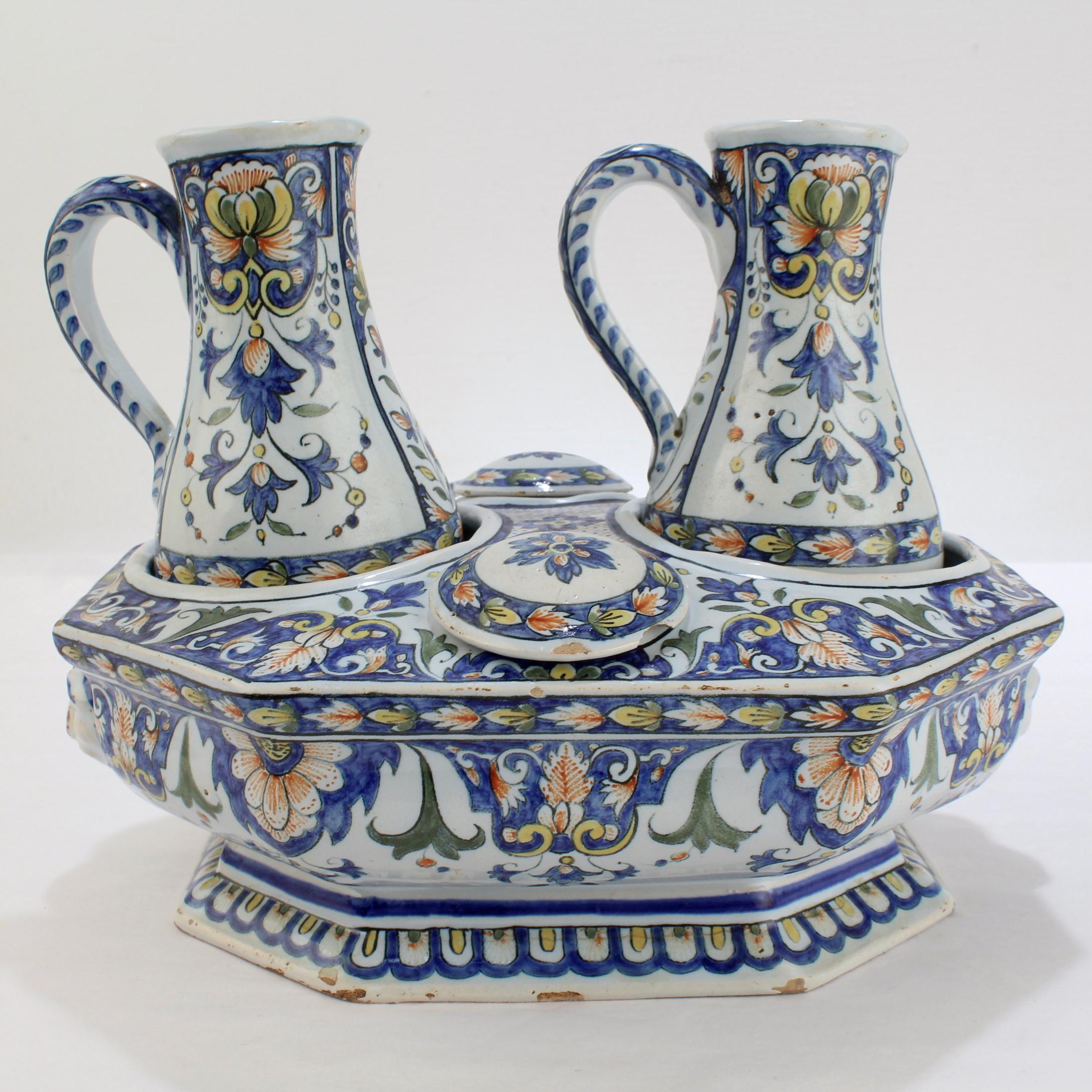 19th Century Antique Porquier Beau French Faience Pottery Cruet Set with Base, Ewers & Lids For Sale