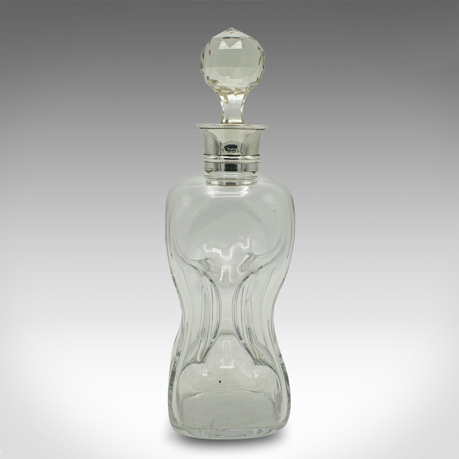 20th Century Antique Port Decanter, English, Glass, Silver, Birmingham, Edwardian, Dated 1907 For Sale