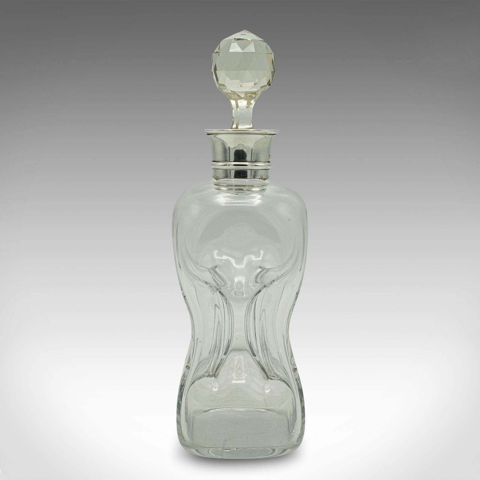 Sterling Silver Antique Port Decanter, English, Glass, Silver, Birmingham, Edwardian, Dated 1907 For Sale