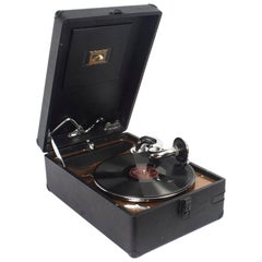 Antique Portable HMV Gramophone, Mod 102 and Disc Carrier, 1934