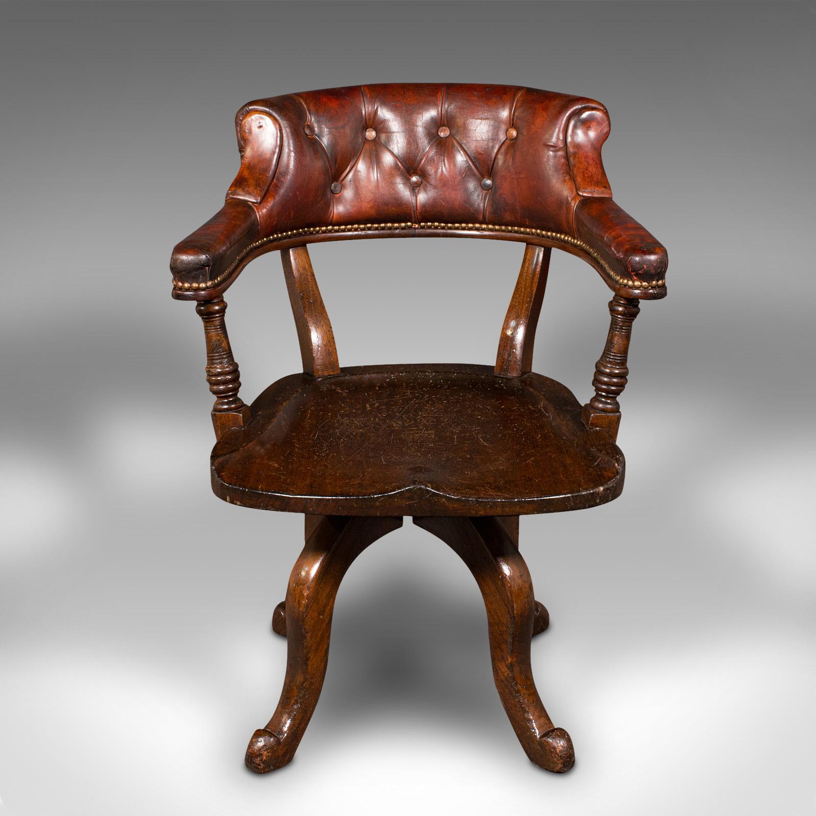 This is an antique porter's hall chair. An English, mahogany and leather rotary desk seat, dating to the Victorian period, circa 1880.

Superb colour and graceful appearance to this versatile chair
Displays a desirable aged patina and in good