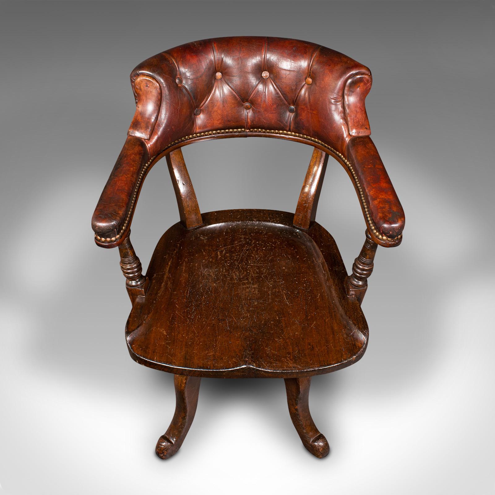 Ancienne chaise de salle Porter, anglaise, cuir, siège de bureau rotatif, victorienne, 1880 en vente 1