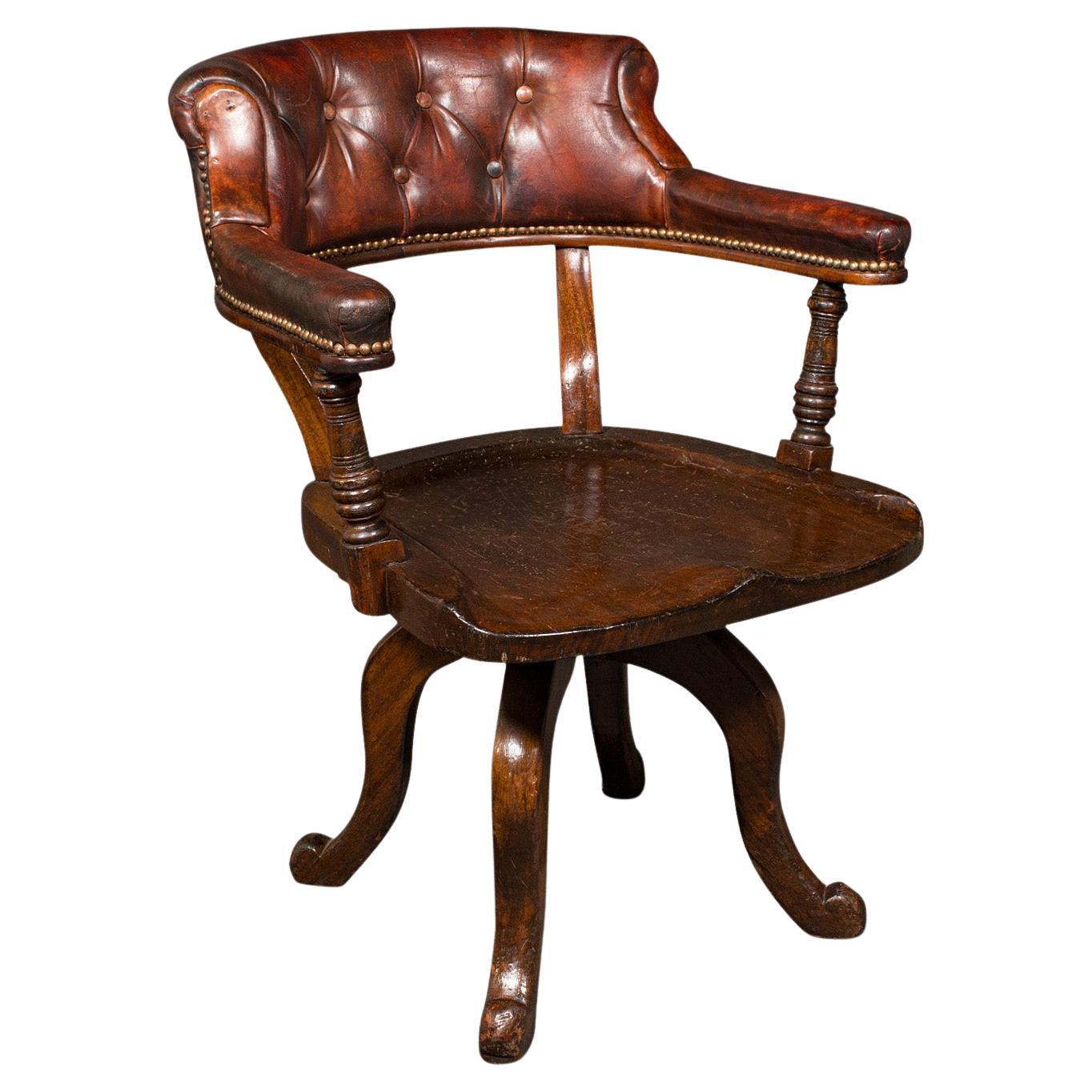 Ancienne chaise de salle Porter, anglaise, cuir, siège de bureau rotatif, victorienne, 1880 en vente