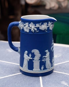 Mid Century Portland Blue Wedgwood Jasperware Pitcher with White Overlay