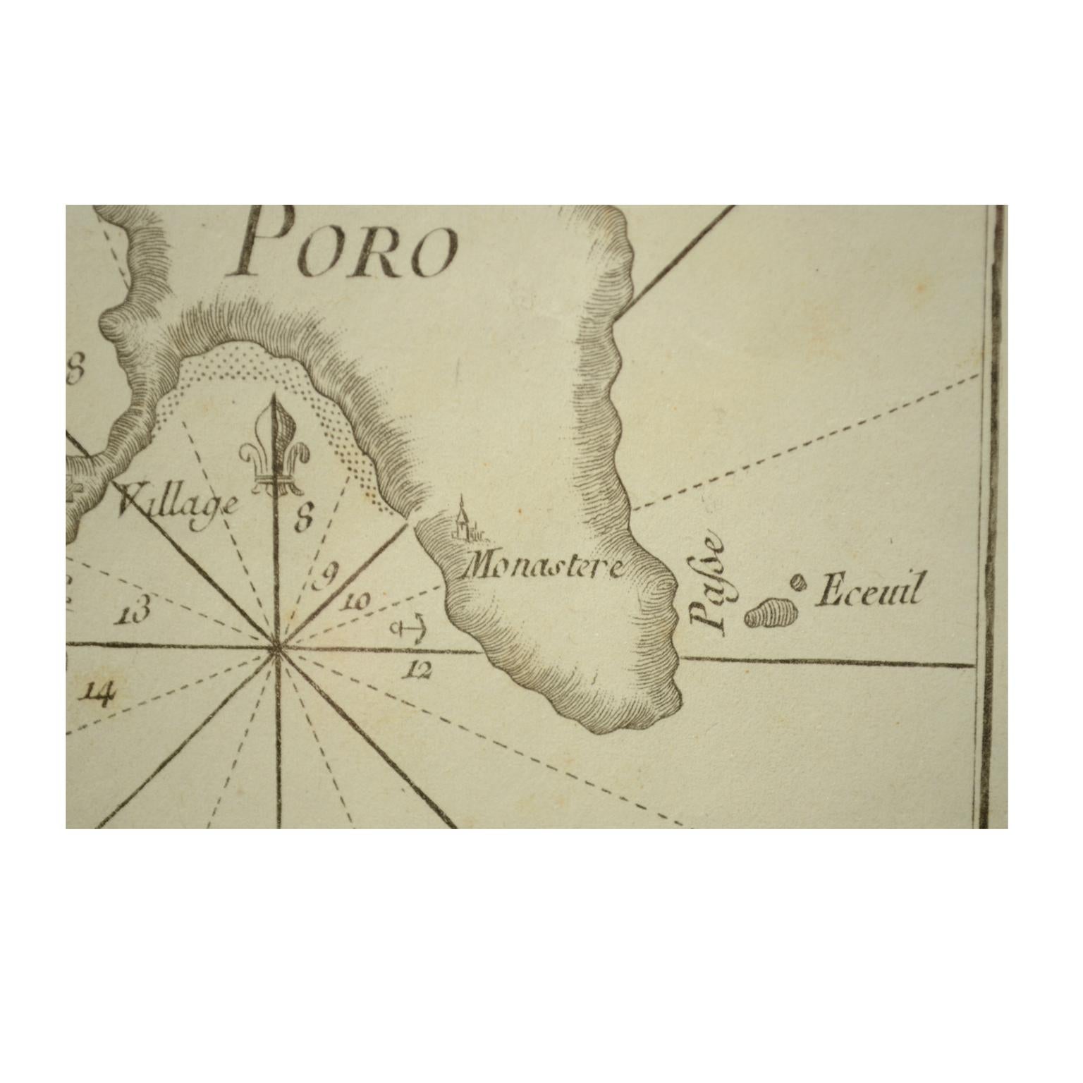 Papier Antique Portolano nautique de l'île de Poro par Antoine Roux, France, 1844 en vente