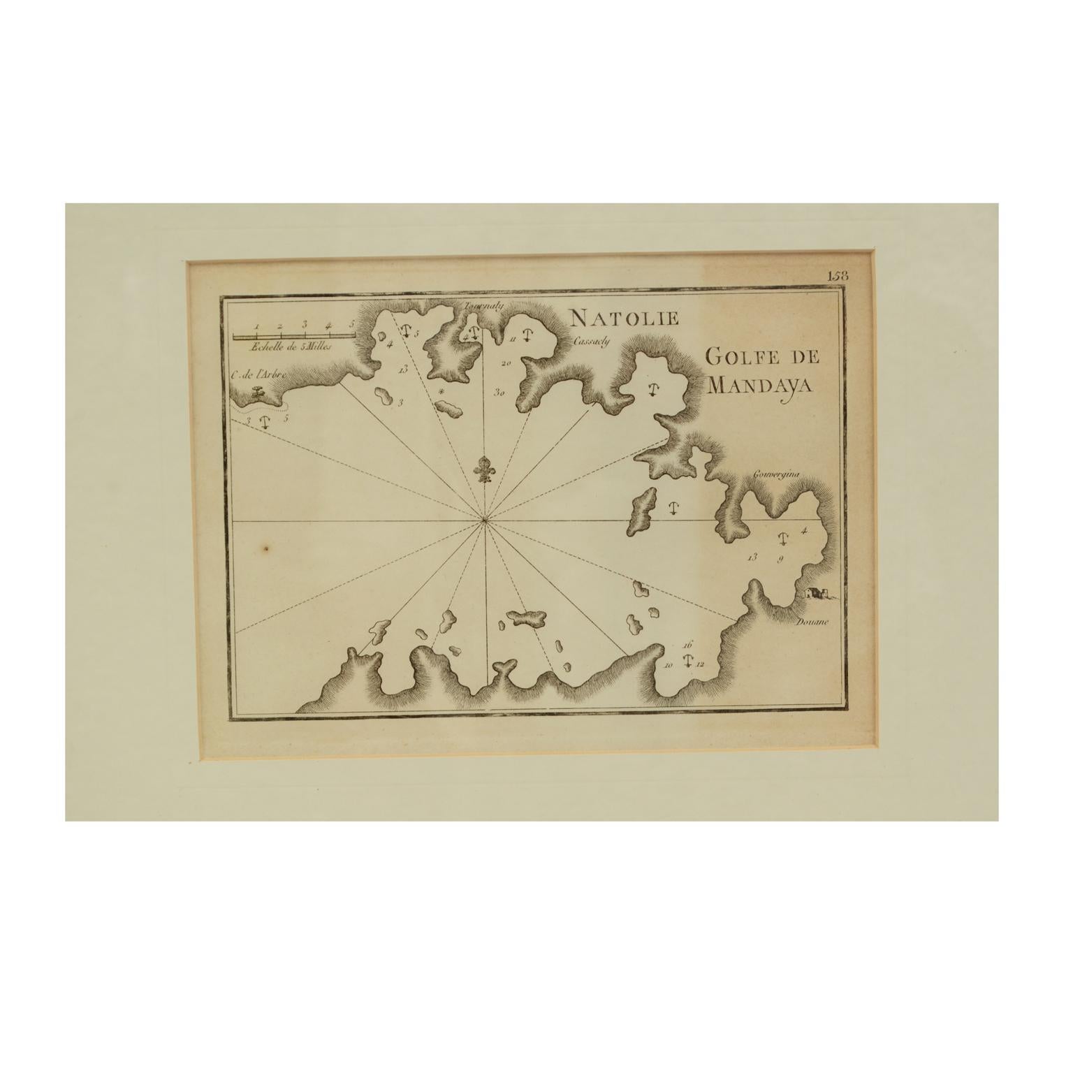 Antique portolano, nautical map of Natolie Golfe De Mandaya engraved on a copper plate by Antoine Roux, Marseille France 1844, from his work Recueil des principaux plans des ports et de Rades de la Mer Méditerranée et la Mer Noire. Very good