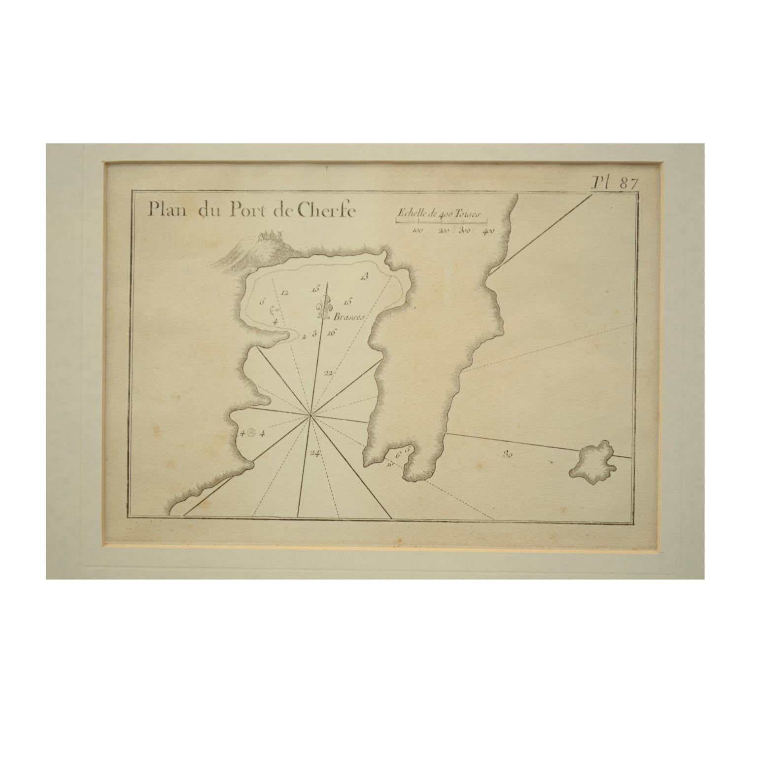 Antique portolano, carte nautique du Plan du Port de Cherfe gravée sur une plaque de cuivre par Antoine Roux, Marseille France 1844, d'après son ouvrage Recueil des principaux plans des ports et de Rades de la Mer Méditerranée et la Mer Noire. Très