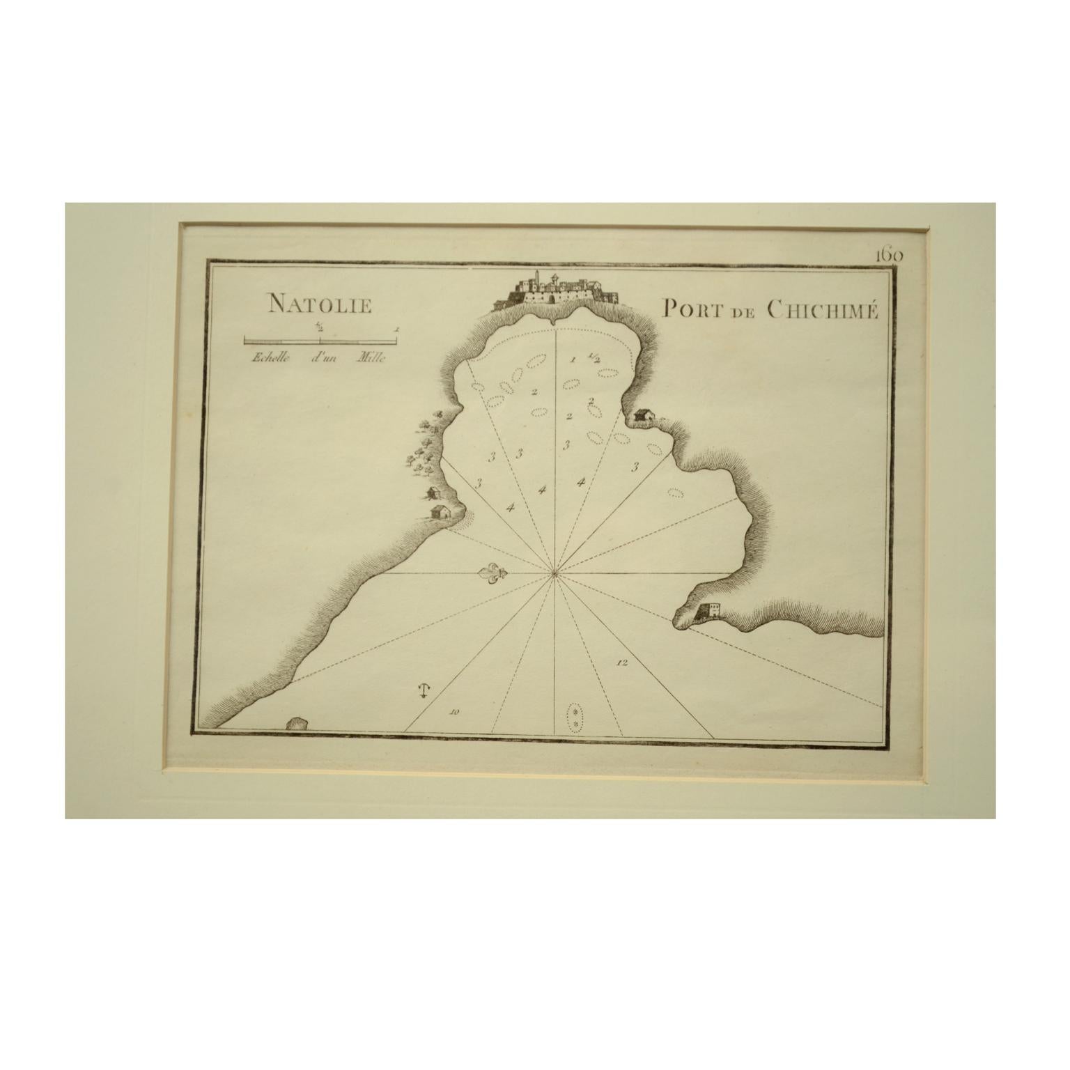 Antique portolano, carte nautique du Port De Chichimé Natolie gravée sur une plaque de cuivre par Antoine Roux, Marseille France 1844, de son ouvrage Recueil des principaux plans des ports et de Rades de la Mer Méditerranée et la Mer Noire. Très bon