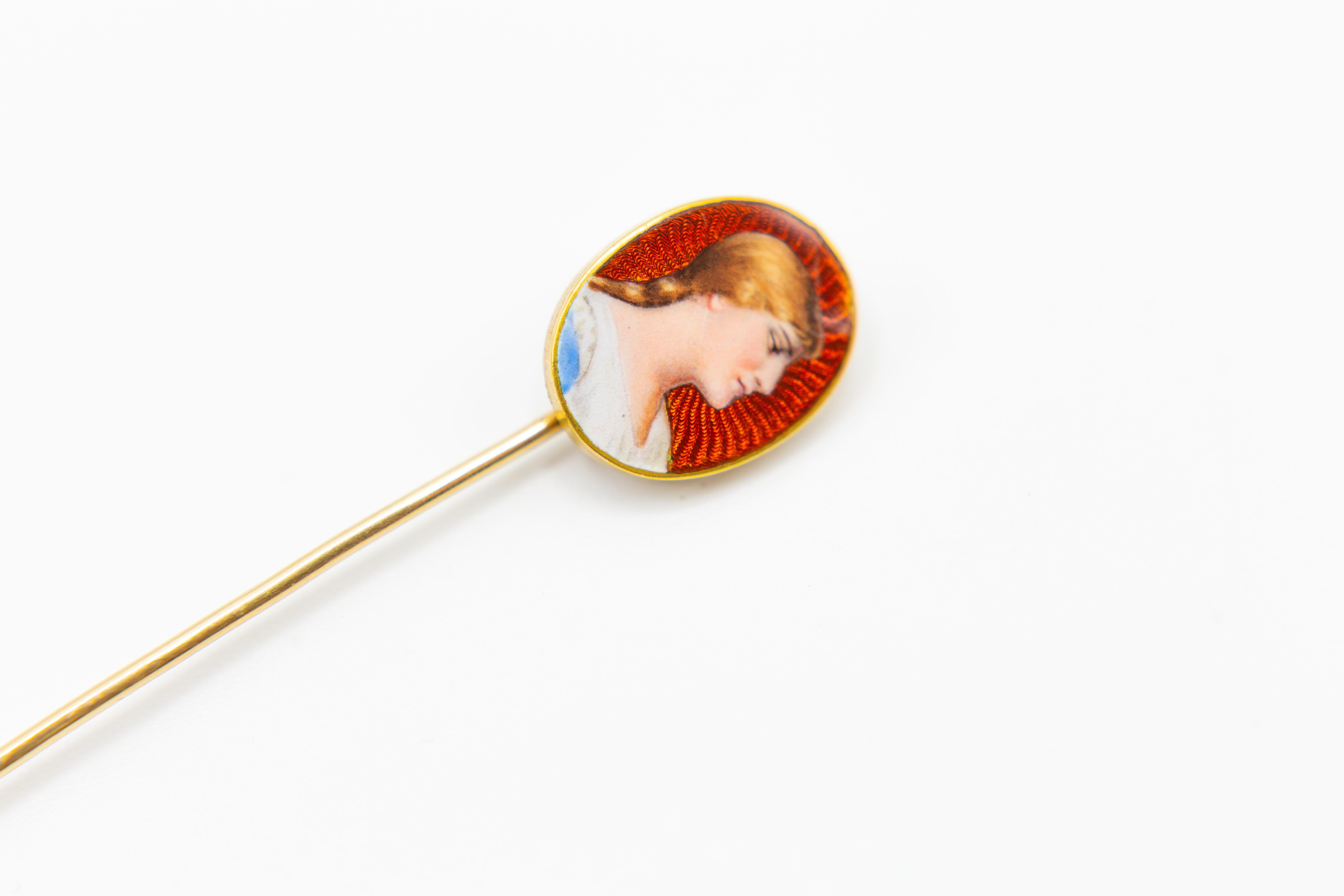 Antique Portrait 18 Karat Gold Stick Pin with Guilloche Enamel For Sale 5