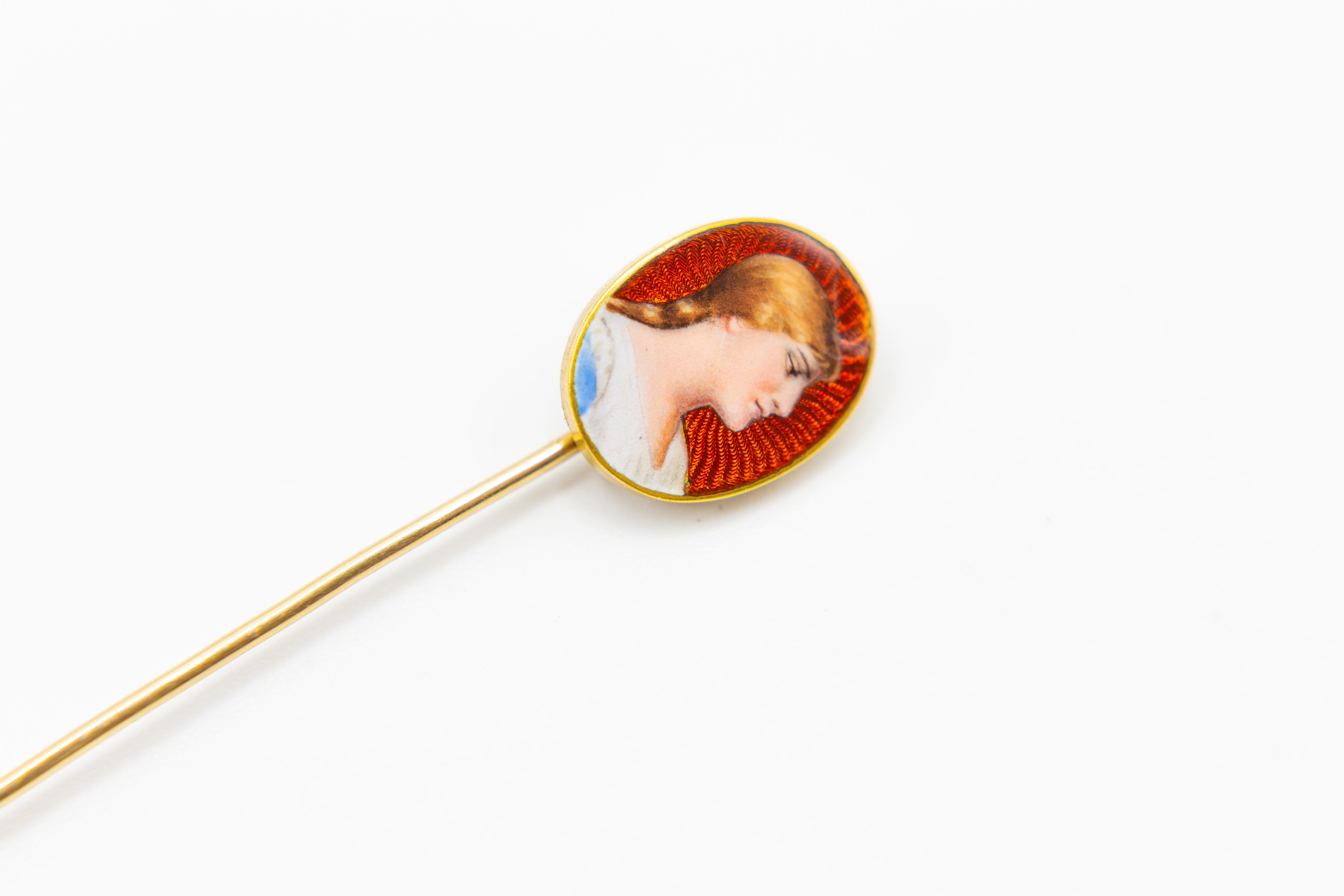 Antique Portrait 18 Karat Gold Stick Pin with Guilloche Enamel For Sale 6