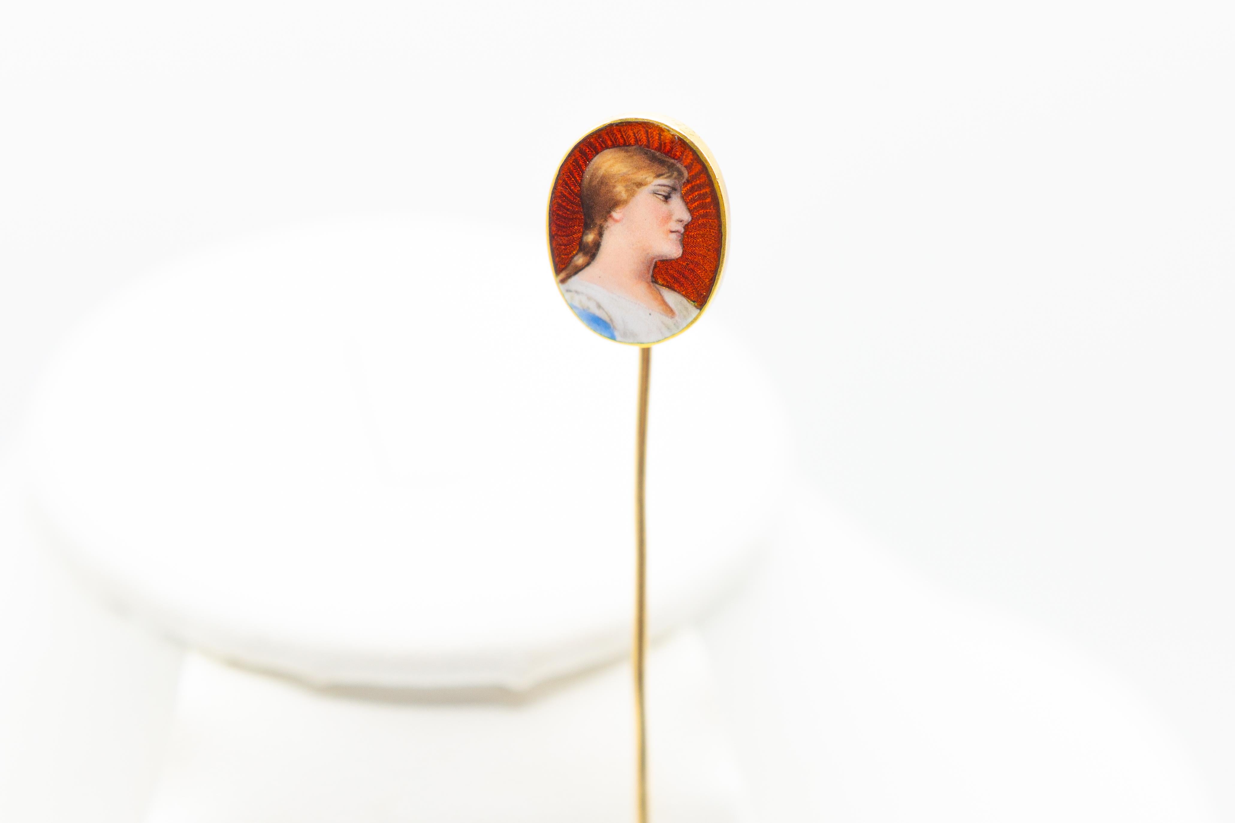 18k gold enamel Guilloche Victorian portrait stick pin. 1800s circa. The head of the stick pin measures over 1/2 inch x almost 1/2 inch and the pin is hallmarked, but it is difficult to see. It's been carefully acid tested to be 18k gold and weighs