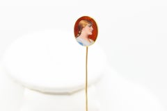 Antique Portrait 18 Karat Gold Stick Pin with Guilloche Enamel