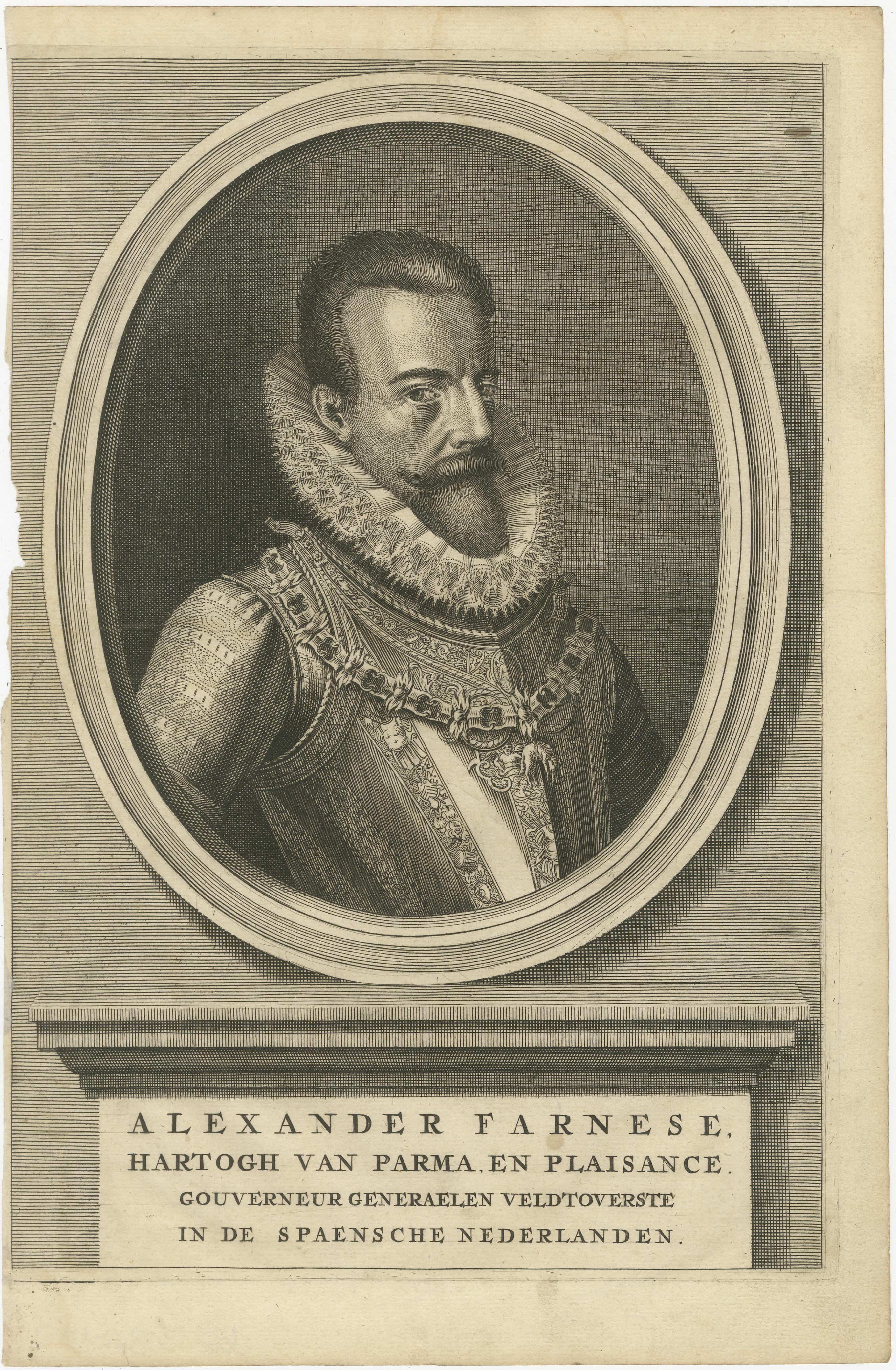 Portrait ancien Alexander Antiques - Gouverneur des Pays-Bas espagnols, c. 1750

Cette gravure finement exécutée du XVIIIe siècle représente Alexander Farnese (1545-1592), duc de Parme et de Brilliante, l'un des plus brillants commandants militaires