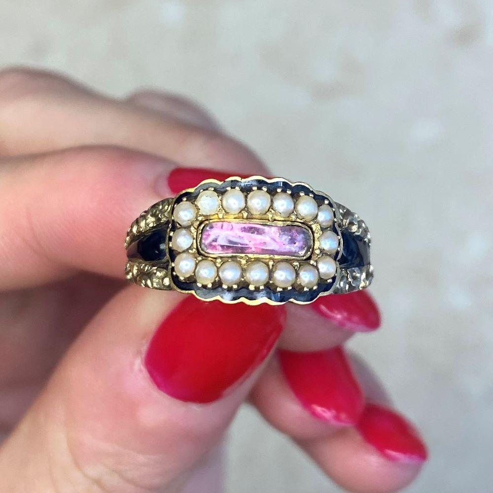 Antique Portrait Cut Pink Topaz Cocktail Ring, Pearl Halo, 18k Yellow Gold For Sale 5