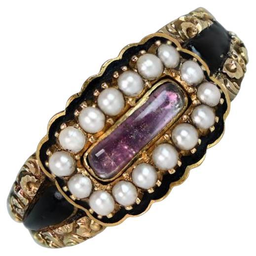 Antique Portrait Cut Pink Topaz Cocktail Ring, Pearl Halo, 18k Yellow Gold For Sale