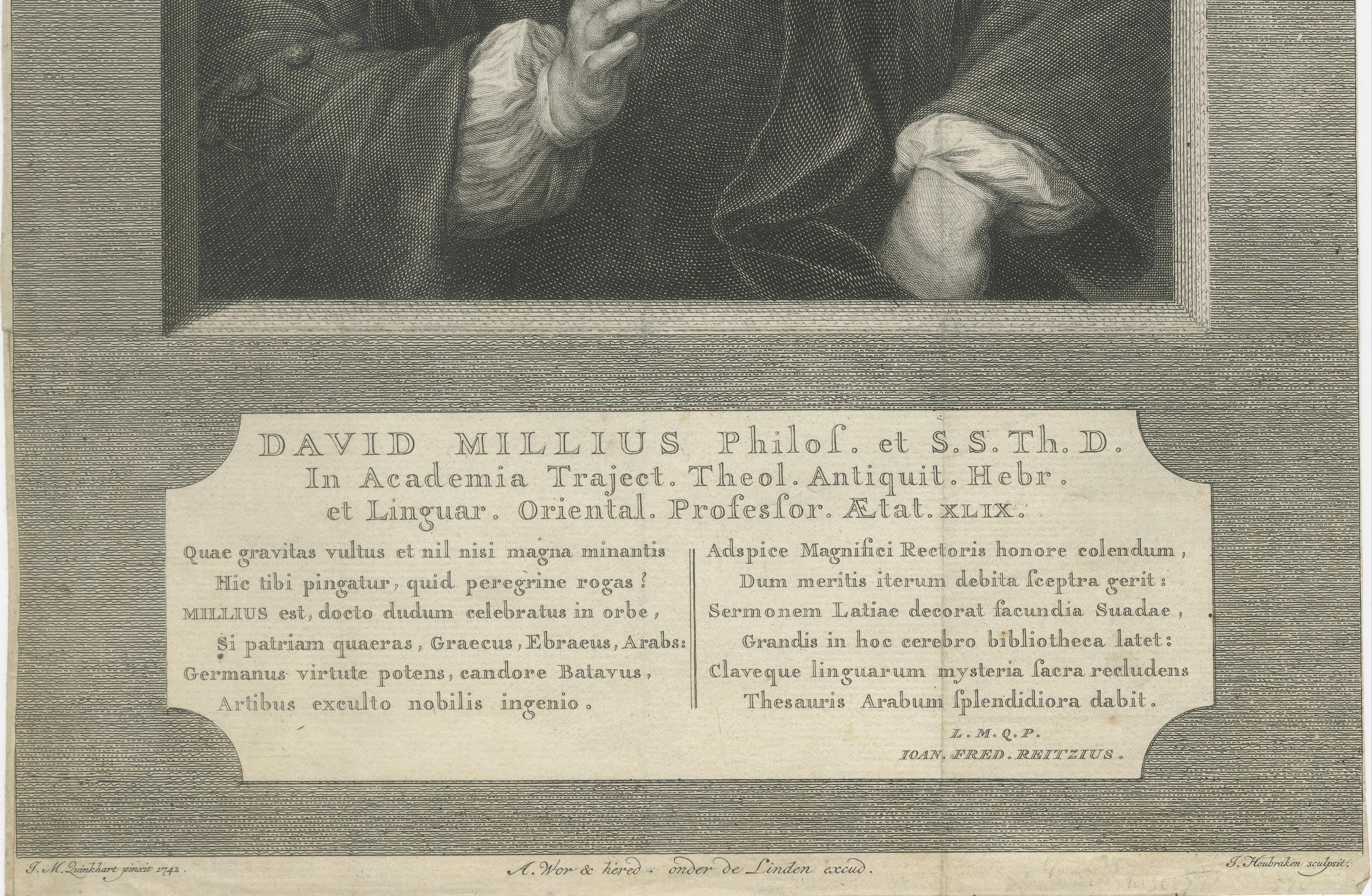Gravé Antique Portrait David Millius - Professeur de langues orientales, gravure à l'eau-forte 1742 en vente