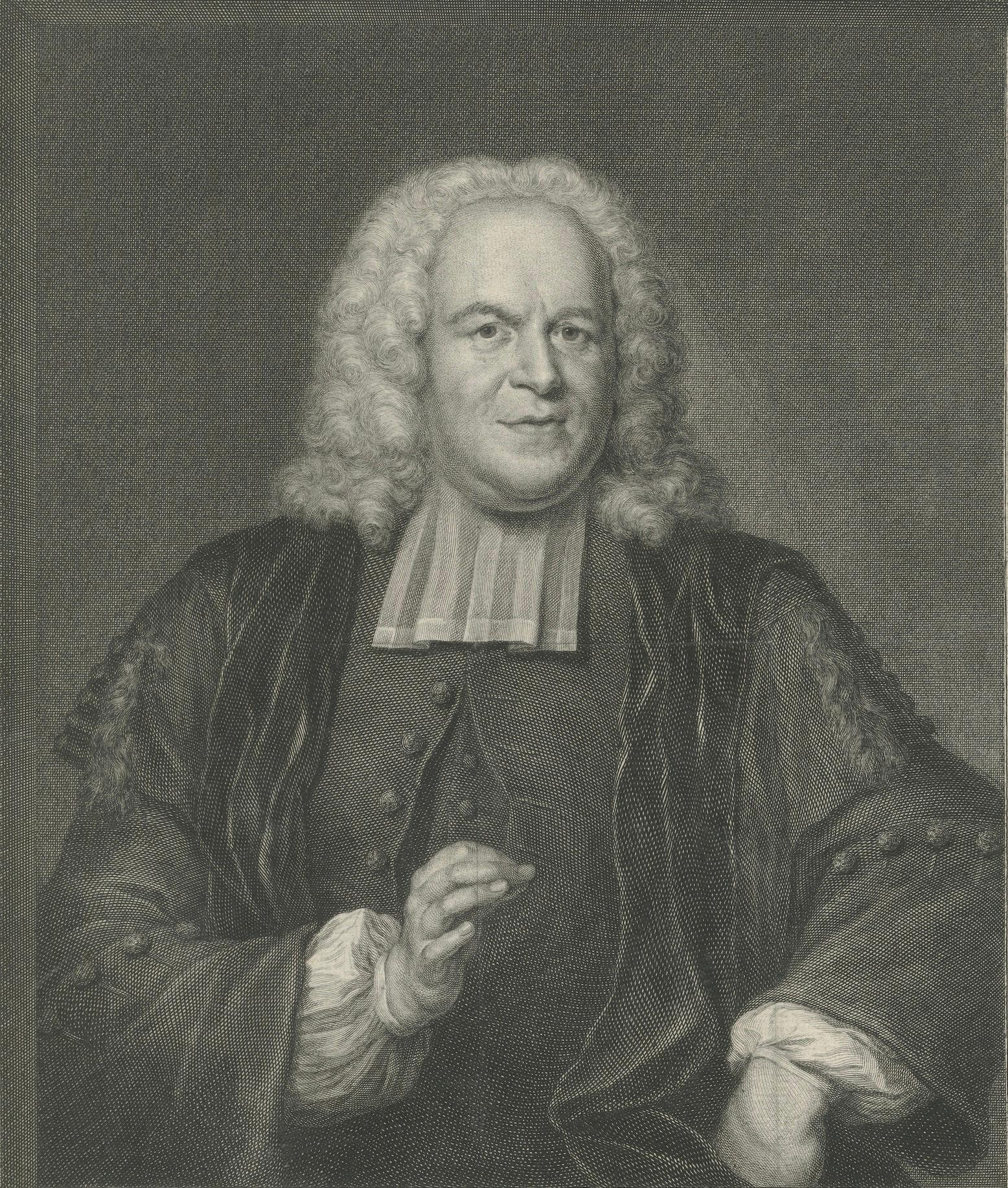 Papier Antique Portrait David Millius - Professeur de langues orientales, gravure à l'eau-forte 1742 en vente