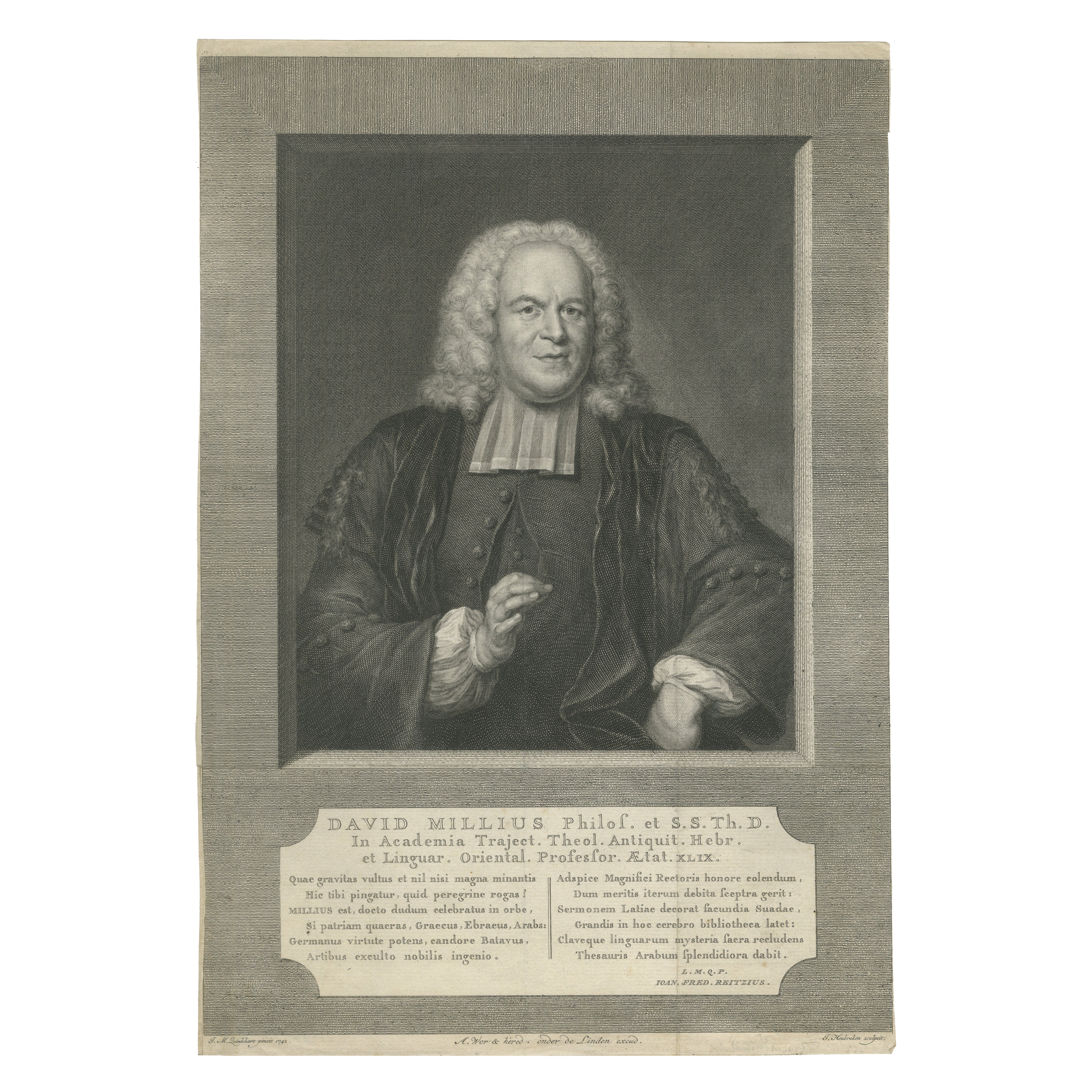 Ritratto antico David Millius - Professore di lingue orientali, acquaforte 1742 in vendita