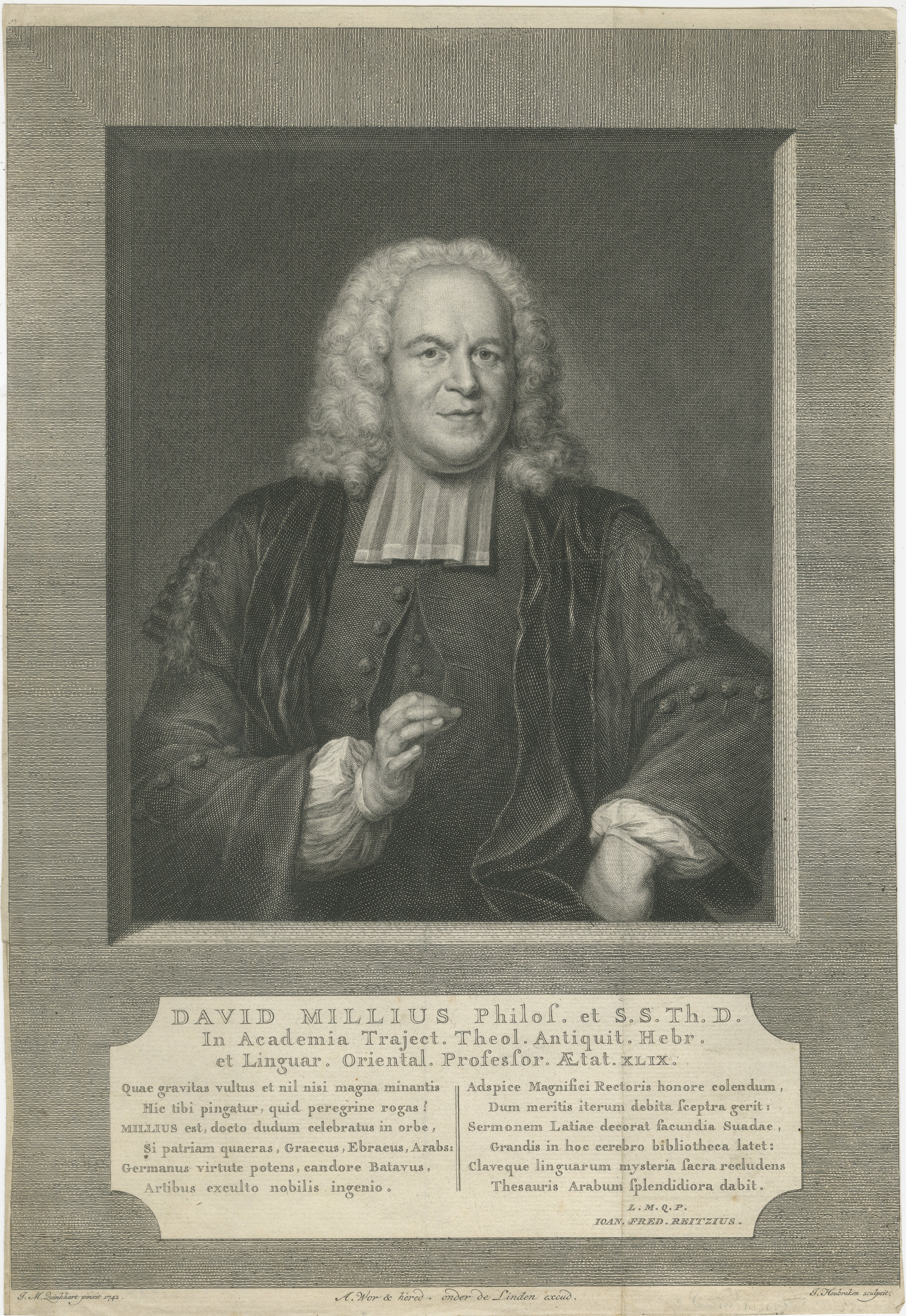 Antique Portrait David Millius - Professeur de langues orientales, gravure à l'eau-forte 1742 en vente