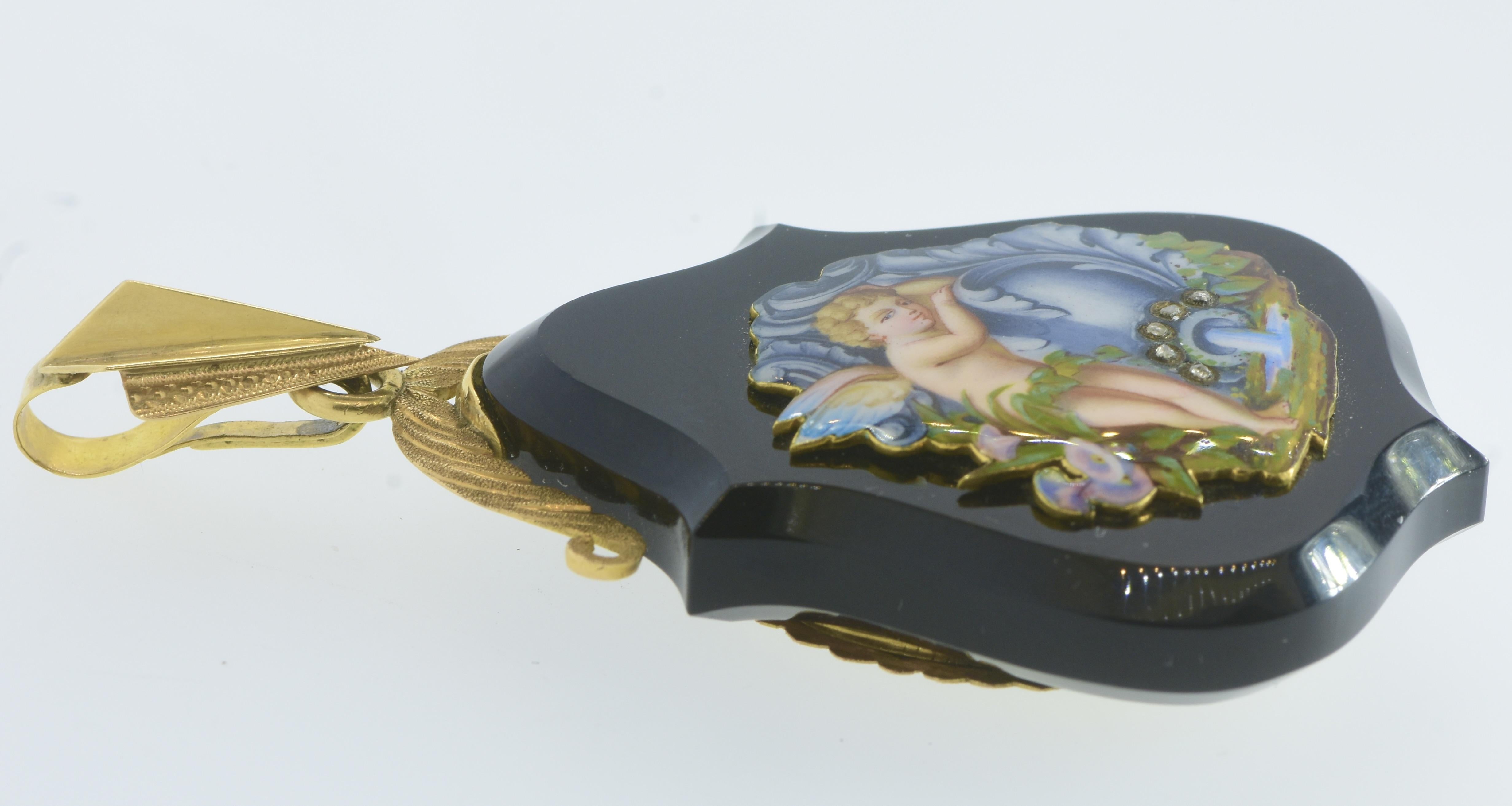 Antique Portrait Enamel, Gold and Rose cut Diamond locket Pendant, c. 1860 For Sale 5