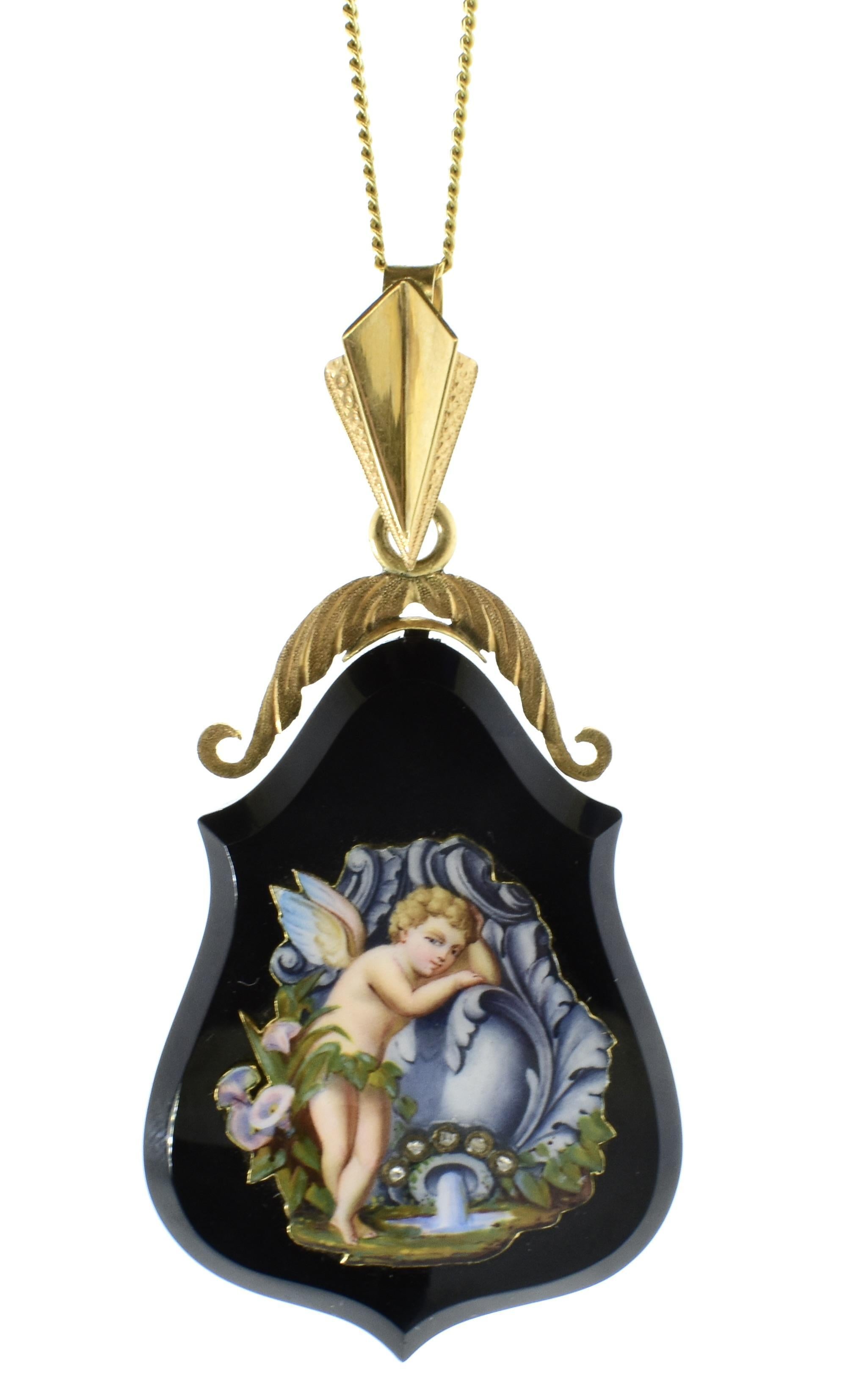 Women's or Men's Antique Portrait Enamel, Gold and Rose cut Diamond locket Pendant, c. 1860 For Sale