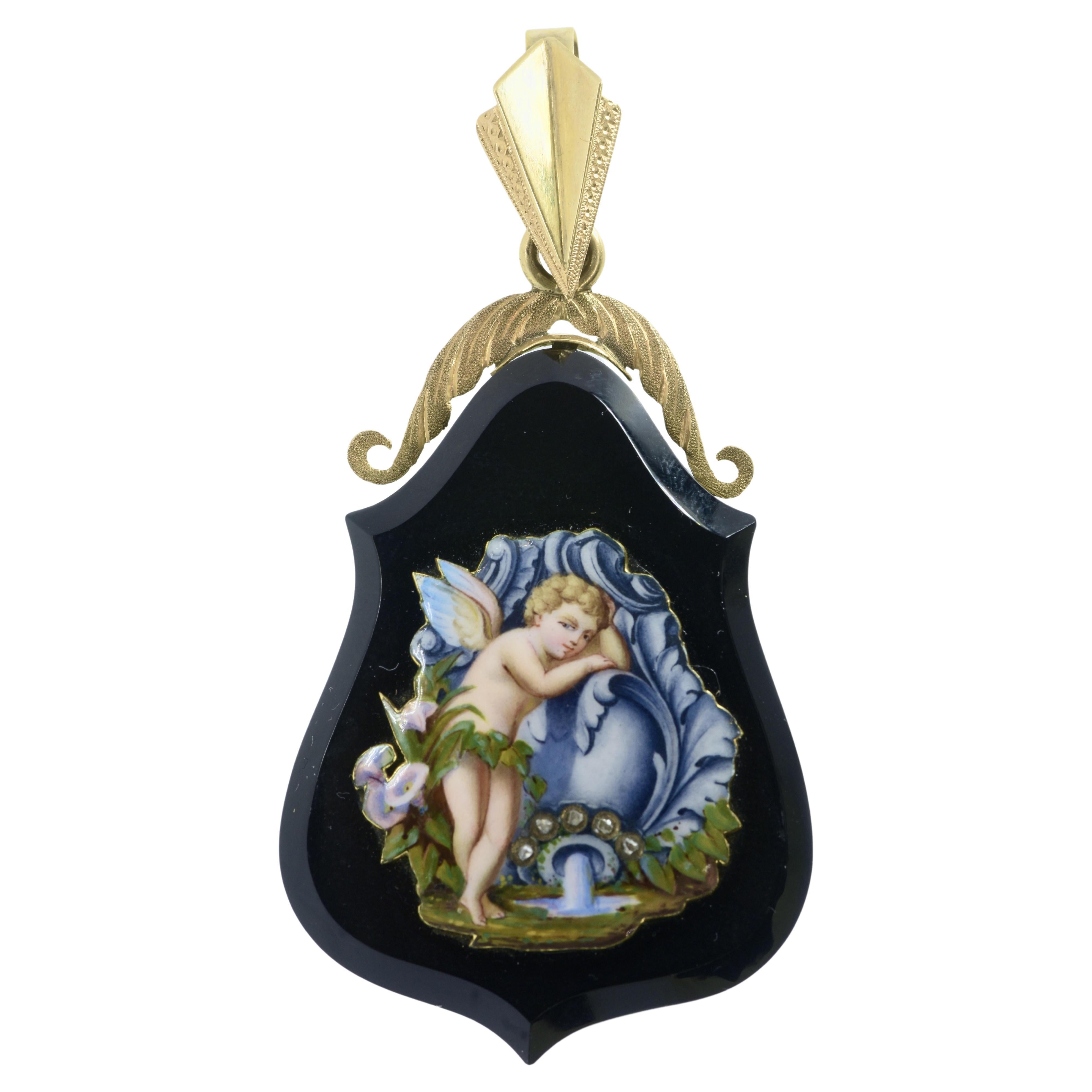 Antique Portrait Enamel, Gold and Rose cut Diamond locket Pendant, c. 1860