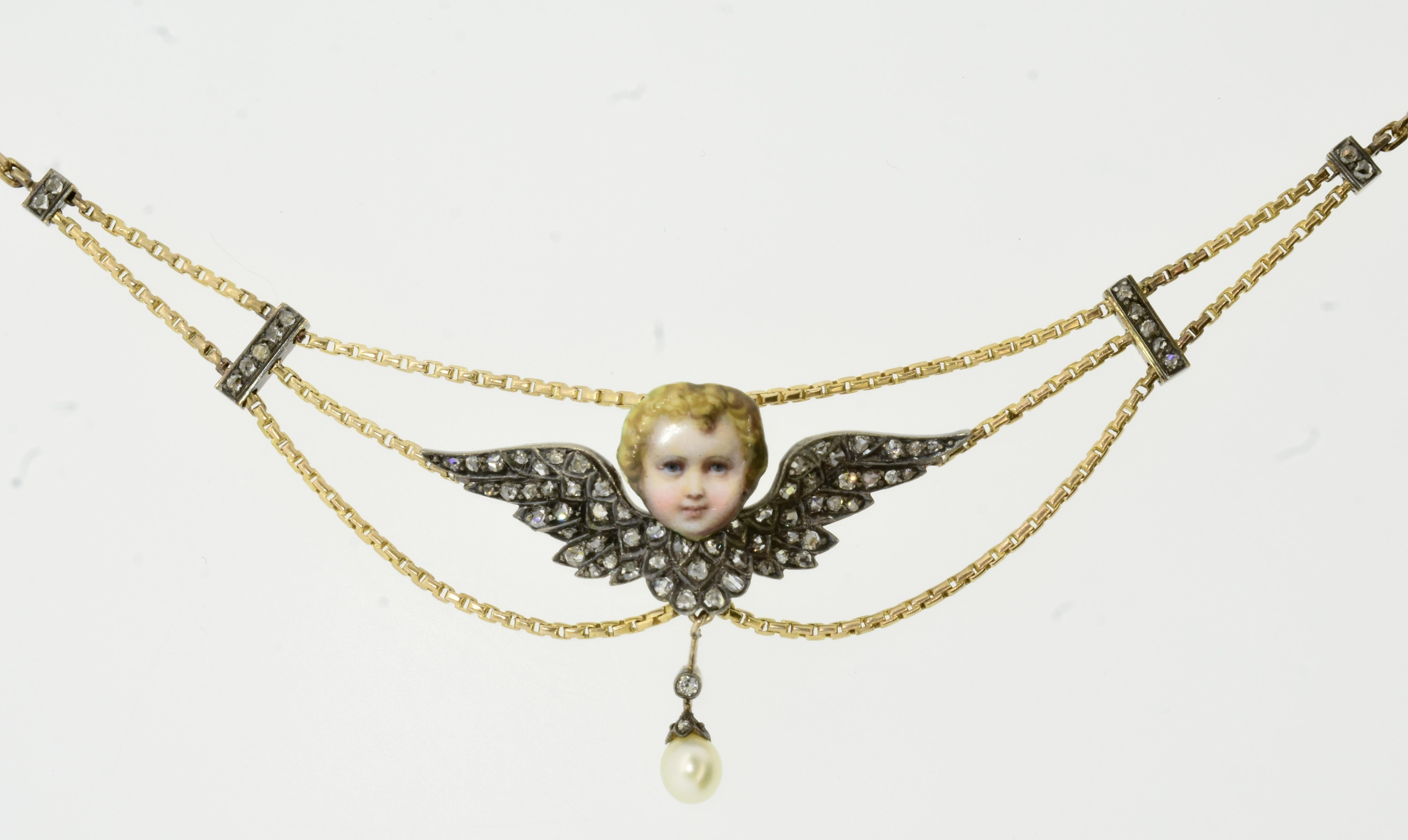 Antique Portrait Enamel, Rose Diamond and Natural Pearl Necklace, Austrian. In Good Condition In Aspen, CO